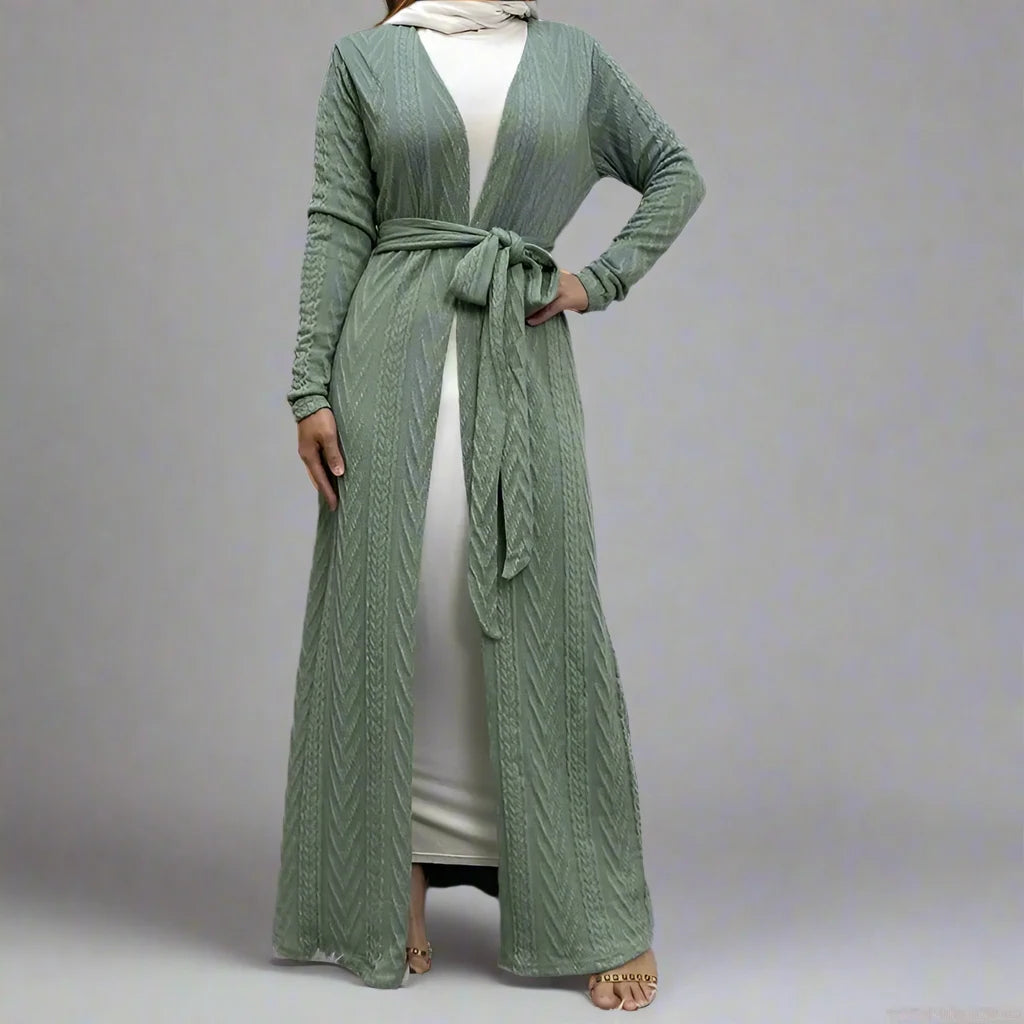 Elegant Winter Knit Open Front Cardigan Abaya Dress for Muslim Women - Pockets Included | Perfect for Prayer, Modest Fashion & Layering