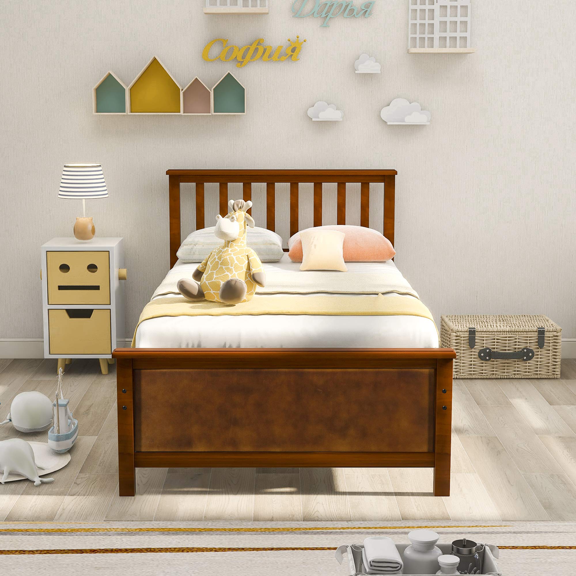 Harper & Bright Designs Twin Size Wooden Platform Bed Frame with 4 Storage Drawers for Kids - B-Walnut Finish | Space-Saving Bedroom Furniture for Small Rooms & Kids' Bedrooms