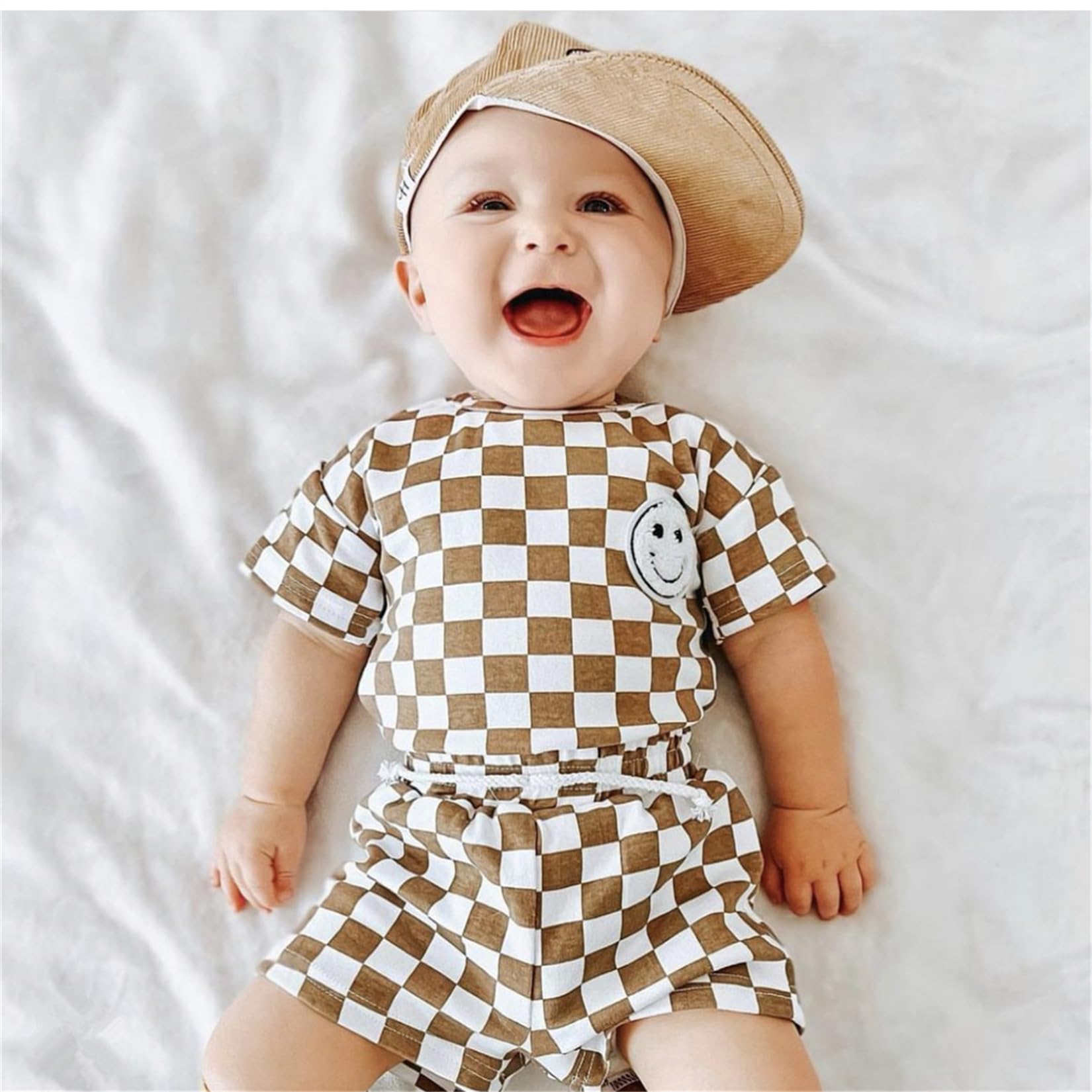 Adorable Infant Baby Boy Summer Outfit - 2PC Short Sleeve Plaid T-Shirt & Shorts Set | Soft Cotton Toddler Clothes for Playtime & Outdoor Activities