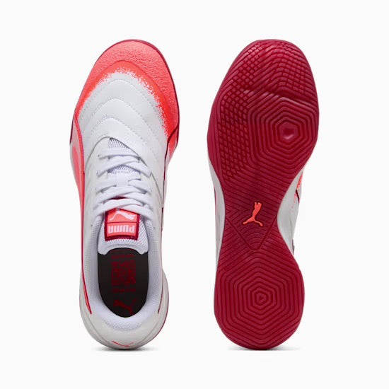 Puma Ibero IV IN Football Cleats for Men - White/Glowing Red/Dark Crimson Soccer Shoes | Lightweight & Durable for Turf & Artificial Grass Fields