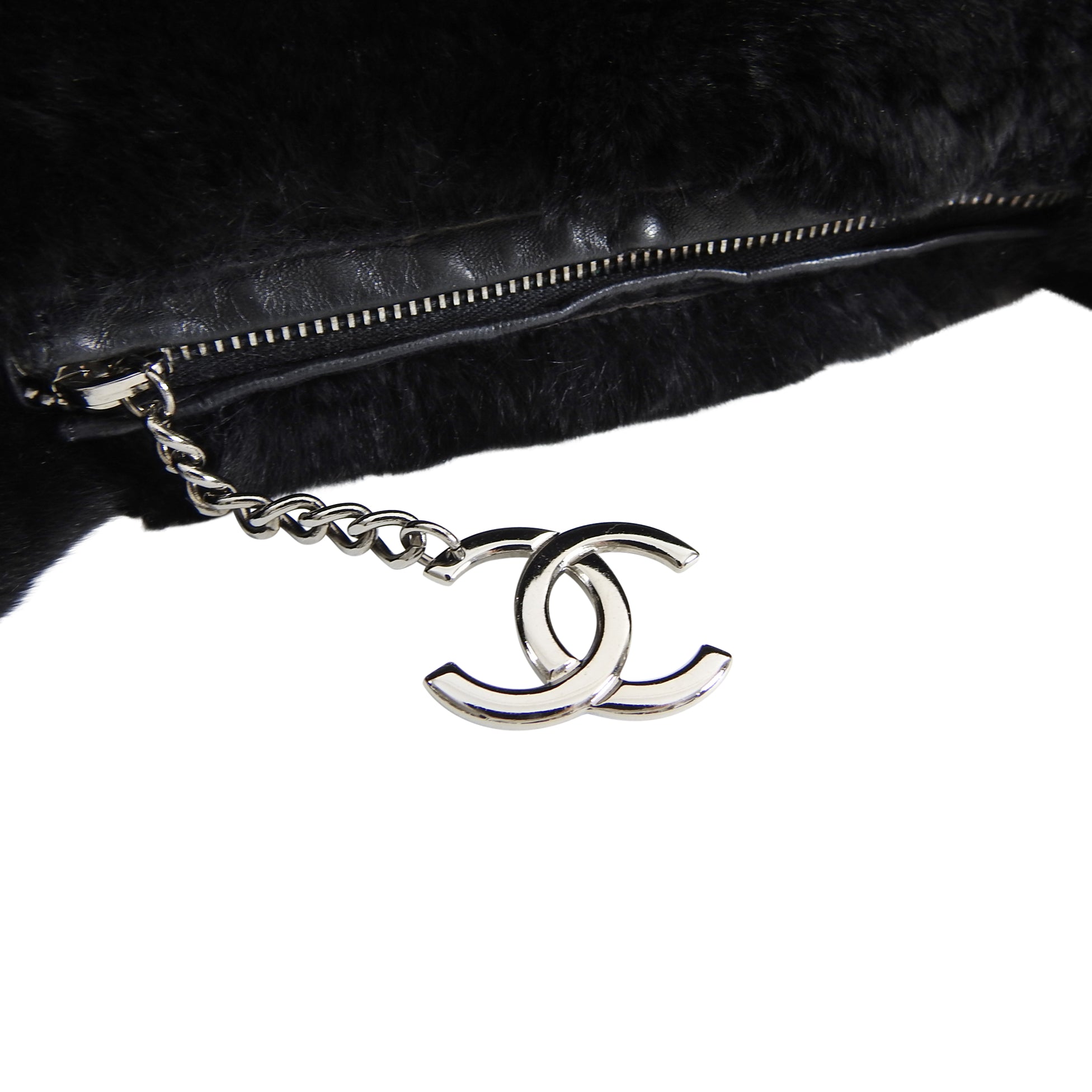 Chanel Black Fur Small Pochette Bag with CC Charm - Luxury Evening Clutch for Parties, Weddings & Special Occasions