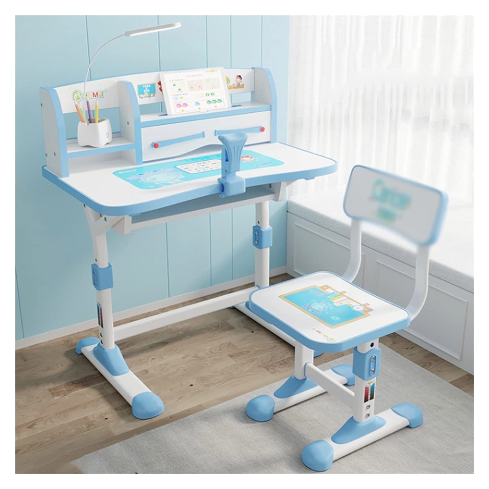 Adjustable Height Kids Study Desk and Chair Set - Ergonomic Children's Writing Table for Home & School - Blue Primary School Desk for Boys & Girls - Perfect for Homework, Drawing & Online Learning