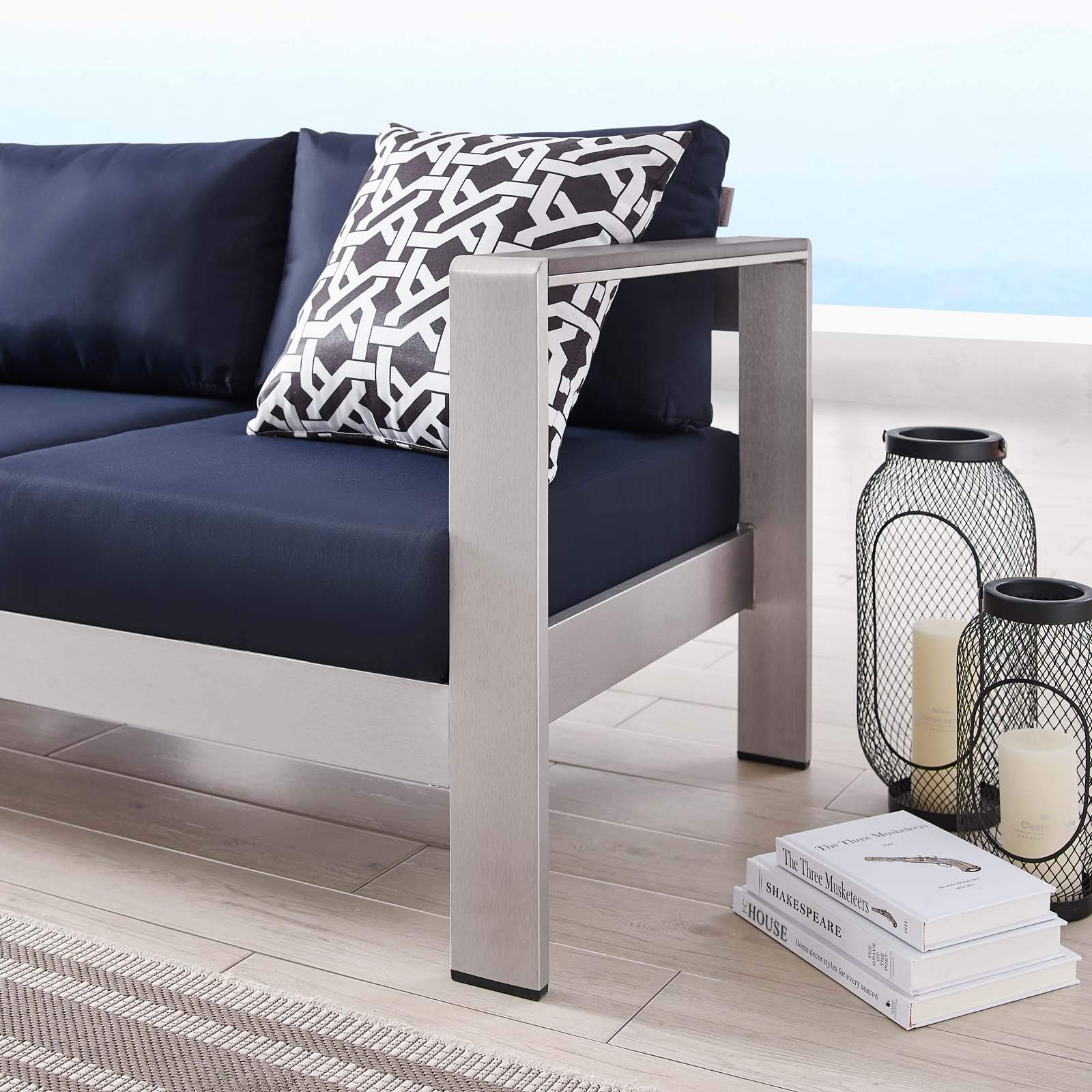 Modway Shore Aluminum Metal Outdoor Patio Sofa Set with Silver Navy All-Weather Cushions - Durable Weather-Resistant Furniture for Backyard, Garden & Poolside Relaxation