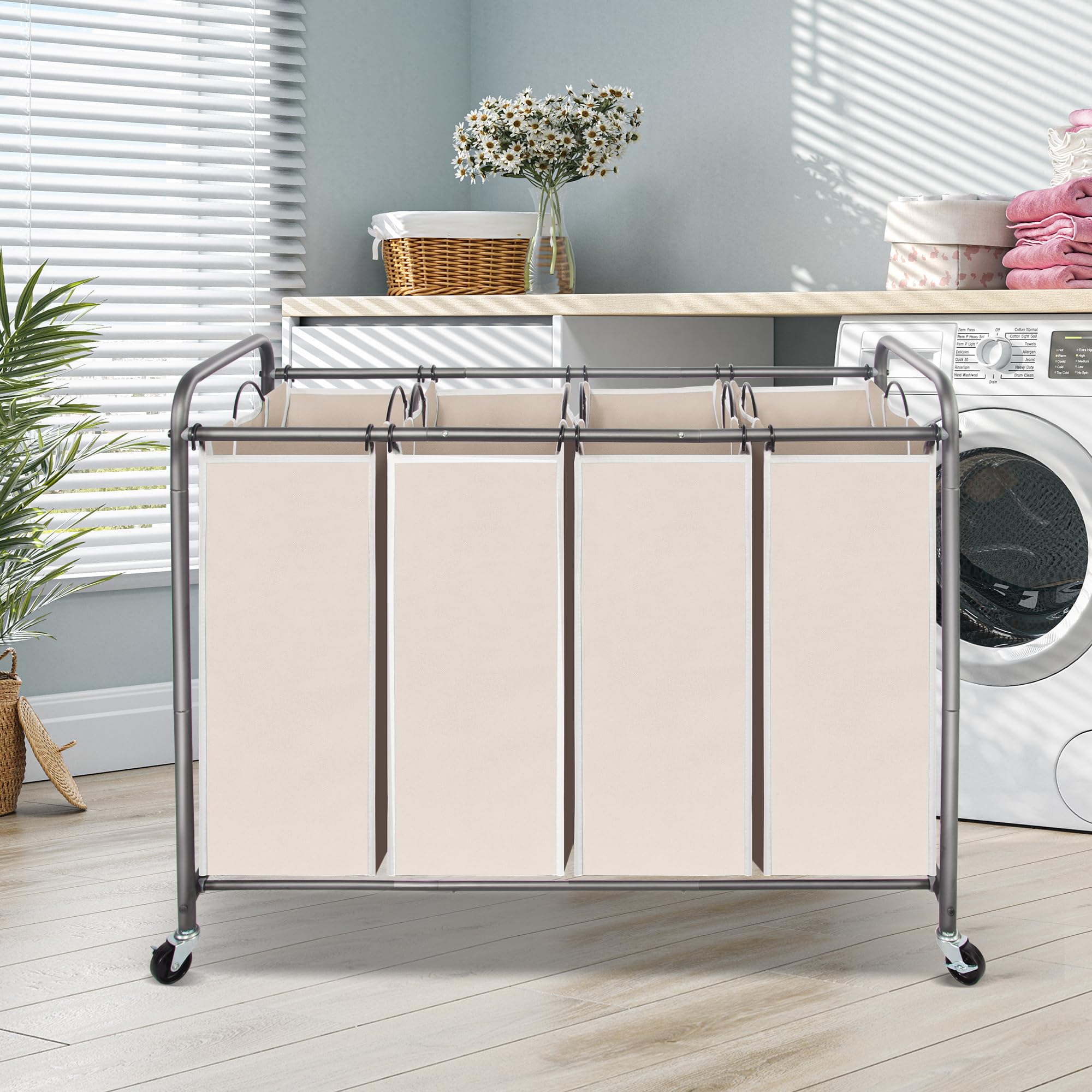 4-Section Heavy Duty Rolling Laundry Hamper Cart with Wheels & Removable Bags - Laundry Basket Organizer for Clothes Storage - Perfect for Laundry Room, Dorm, or Apartment Organization (Beige)