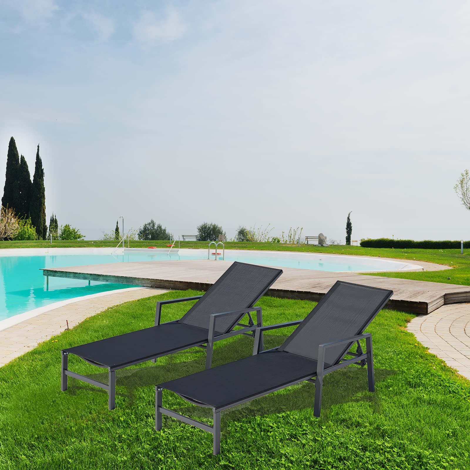 2-Pack Aluminum Outdoor Patio Lounge Chairs with 5 Adjustable Backrest Positions - Durable Chaise Lounge Set for Backyard, Balcony, Poolside (Black) - Perfect for Sunbathing, Relaxing & Outdoor Lounging