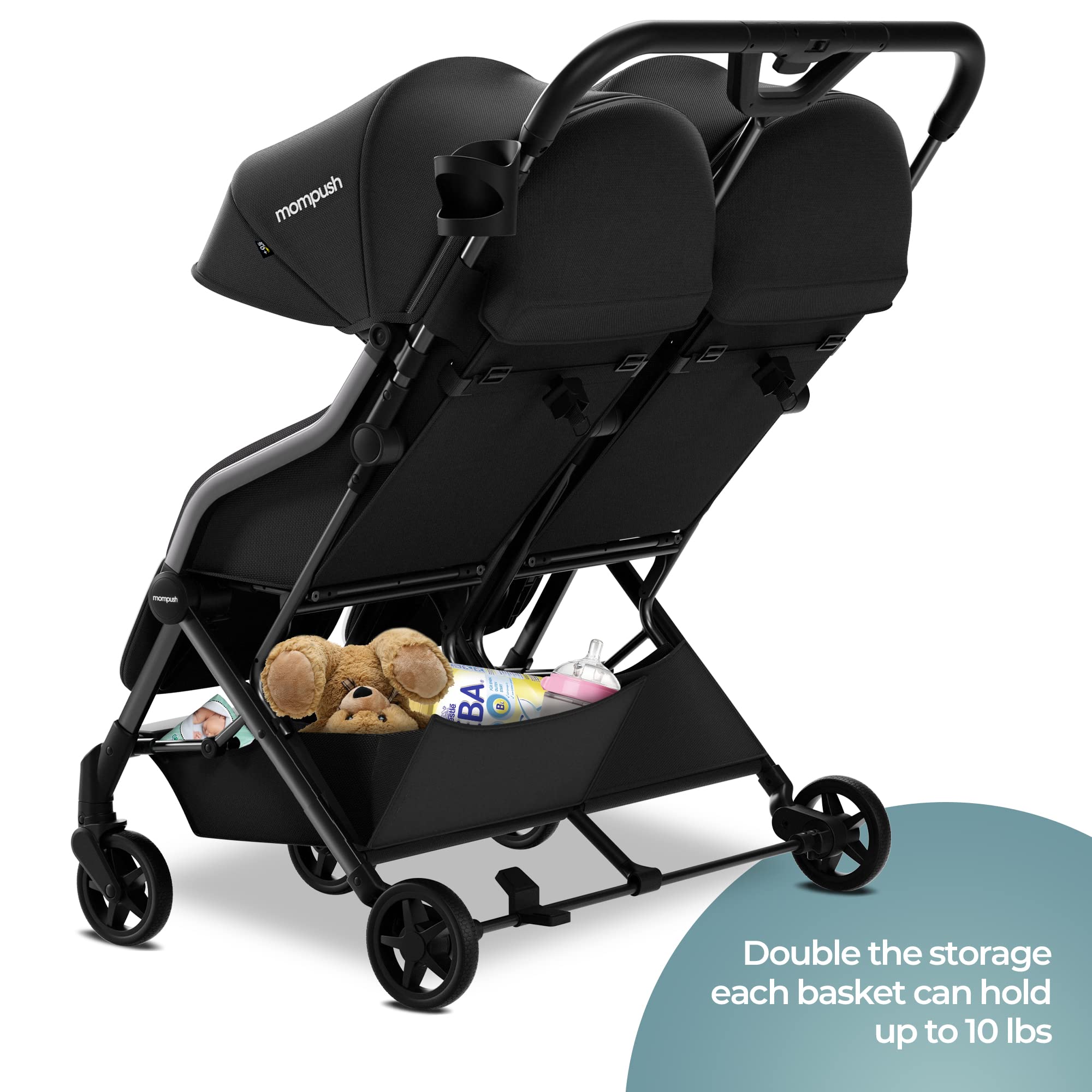 Mompush Lithe Double Ultralight Stroller - Lightweight Side by Side Baby Stroller with 2 Large Reclining Seats | Easy Fold & Compact Design | Perfect for Twins, Siblings, or Daycare Use | Ideal for Travel, Shopping & Outdoor Adventures