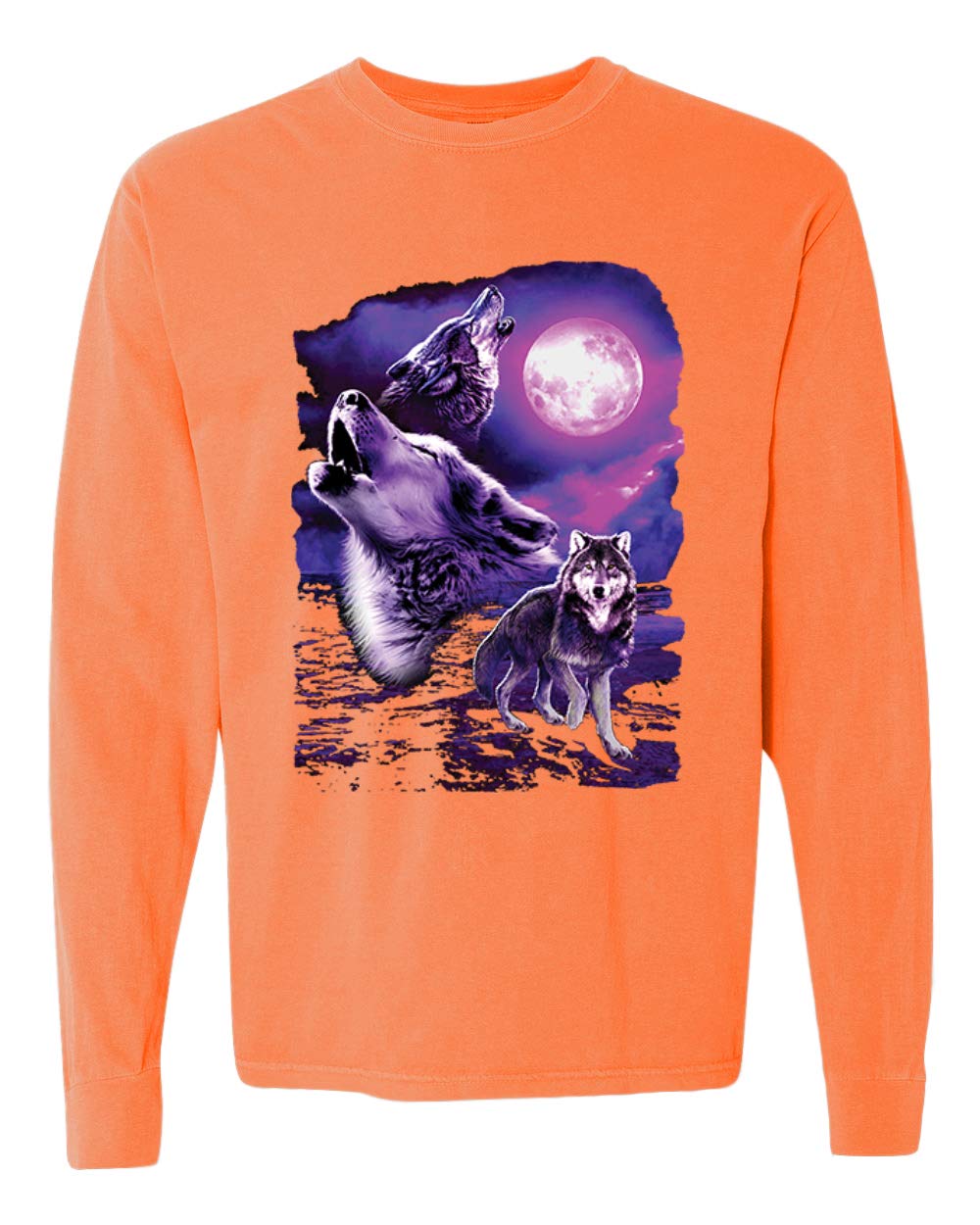 Howling Wolf at Full Moon Graphic Long Sleeve T-Shirt for Animal Lovers - Vintage Washed Look - Perfect for Outdoor Adventures, Camping & Nature Enthusiasts
