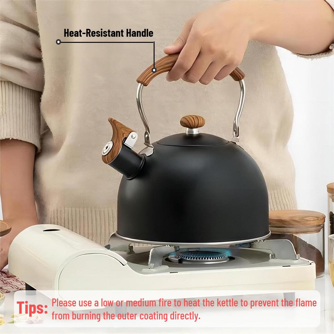 2.5 Quart Stainless Steel Whistling Tea Kettle for Stovetop - Matte Black Wood Handle, Food Grade Safe for Gas, Electric & Induction Cooktops - Perfect for Home, Office & Tea Ceremonies