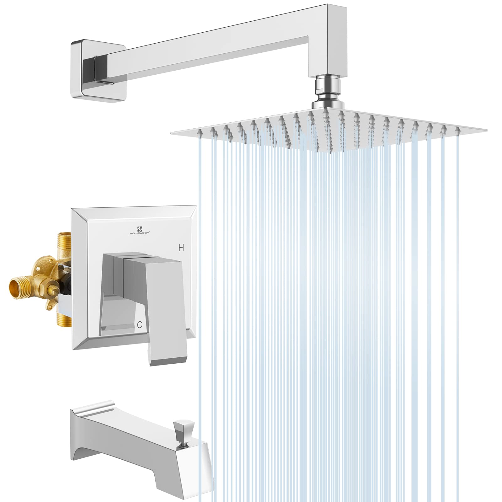 HOMELODY Chrome Shower Faucet Set - High Pressure Square Rainfall Shower Head & Handle Combo, Wall Mounted Luxury Bathroom Fixtures with Shower Valve - Perfect for Modern Home & Spa-Like Shower Experience
