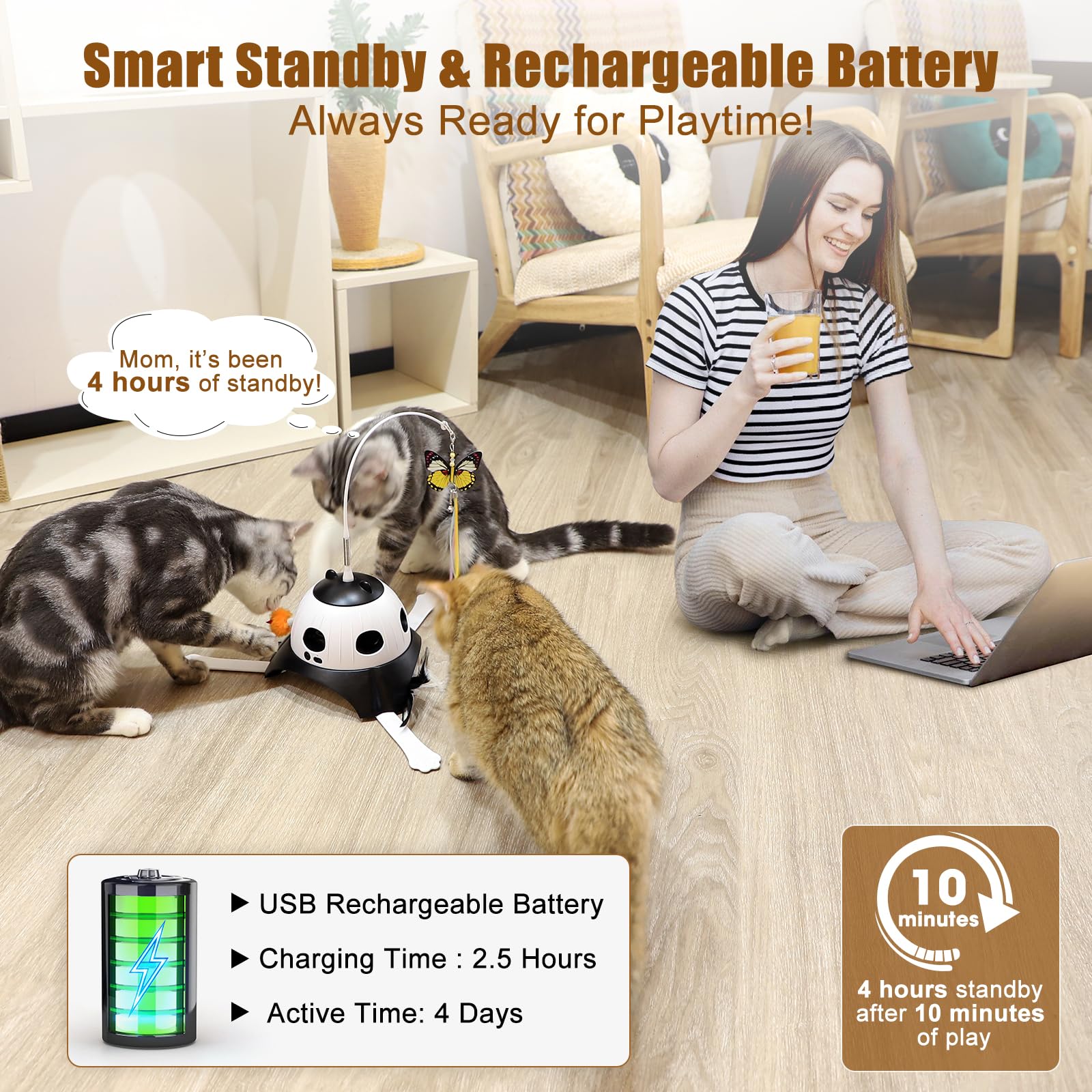 3-in-1 Automatic Cat Toy with Fluttering Butterfly, Whack-a-Mole & Rotating Feather Wand - USB Rechargeable Interactive Cat Toys for Indoor Cats - Perfect for Multi-Cat Households & Playtime (Black)