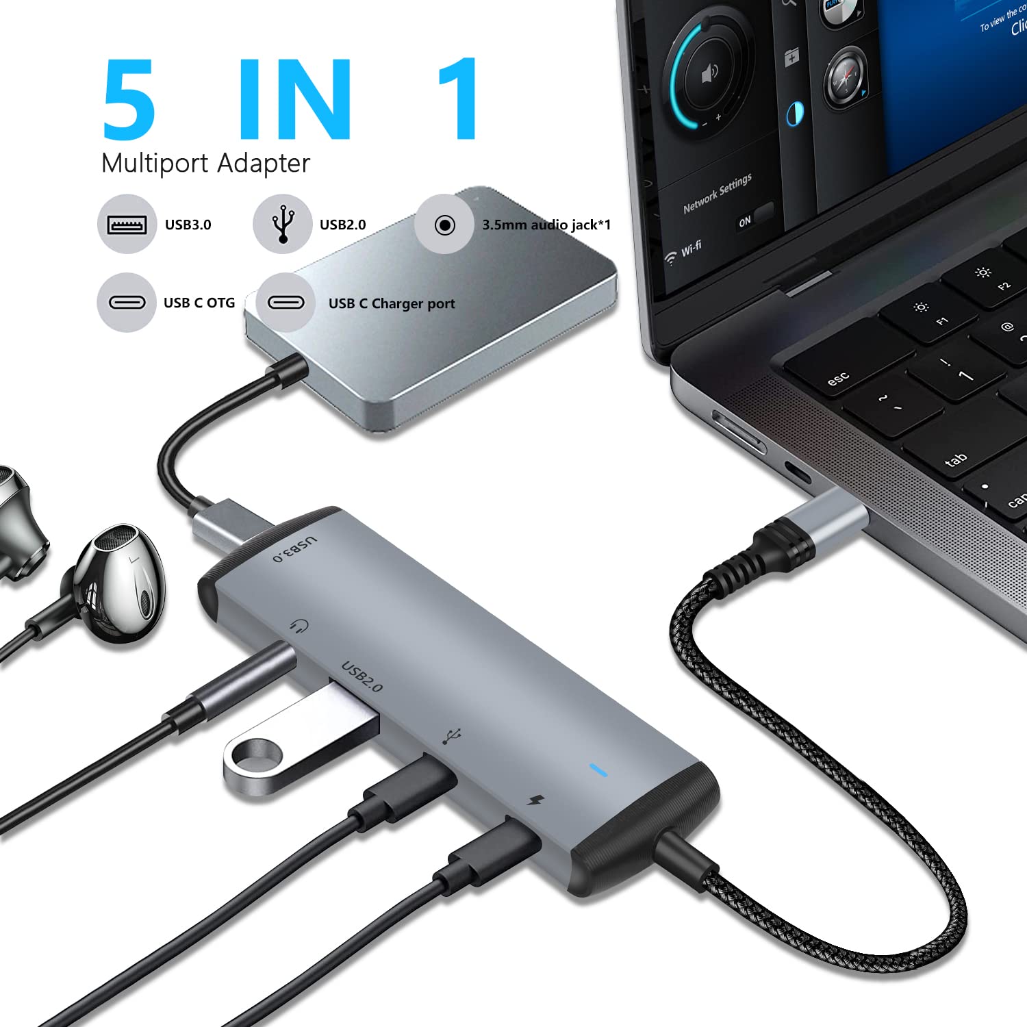 5-in-1 USB C Hub OTG Adapter for Samsung Galaxy S23/S22 - 60W PD Charging, 2 USB Ports, 3.5mm Audio Jack & Data Transfer - Compatible with MacBook Pro & iPad Pro | Perfect for Travel, Work & Multimedia Entertainment