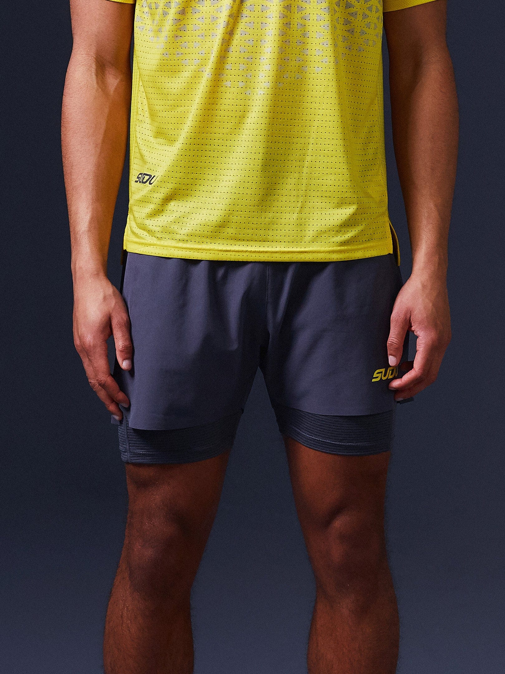 SRS 01 Athletic Running Shorts for Men - Breathable Quick-Dry Gym Workout Shorts with Pockets, Grey/Yellow | Perfect for Jogging, Training & Outdoor Sports