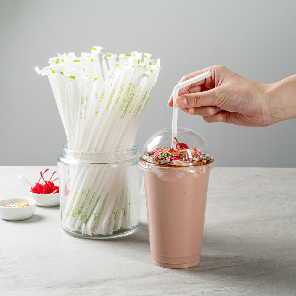 Eco-Friendly White PLA/PBAT Compostable Straws - Flexible, Wrapped, 8 1/4 Inch, 2000 Count Bulk Box - Perfect for Restaurants, Cafes, and Eco-Conscious Events