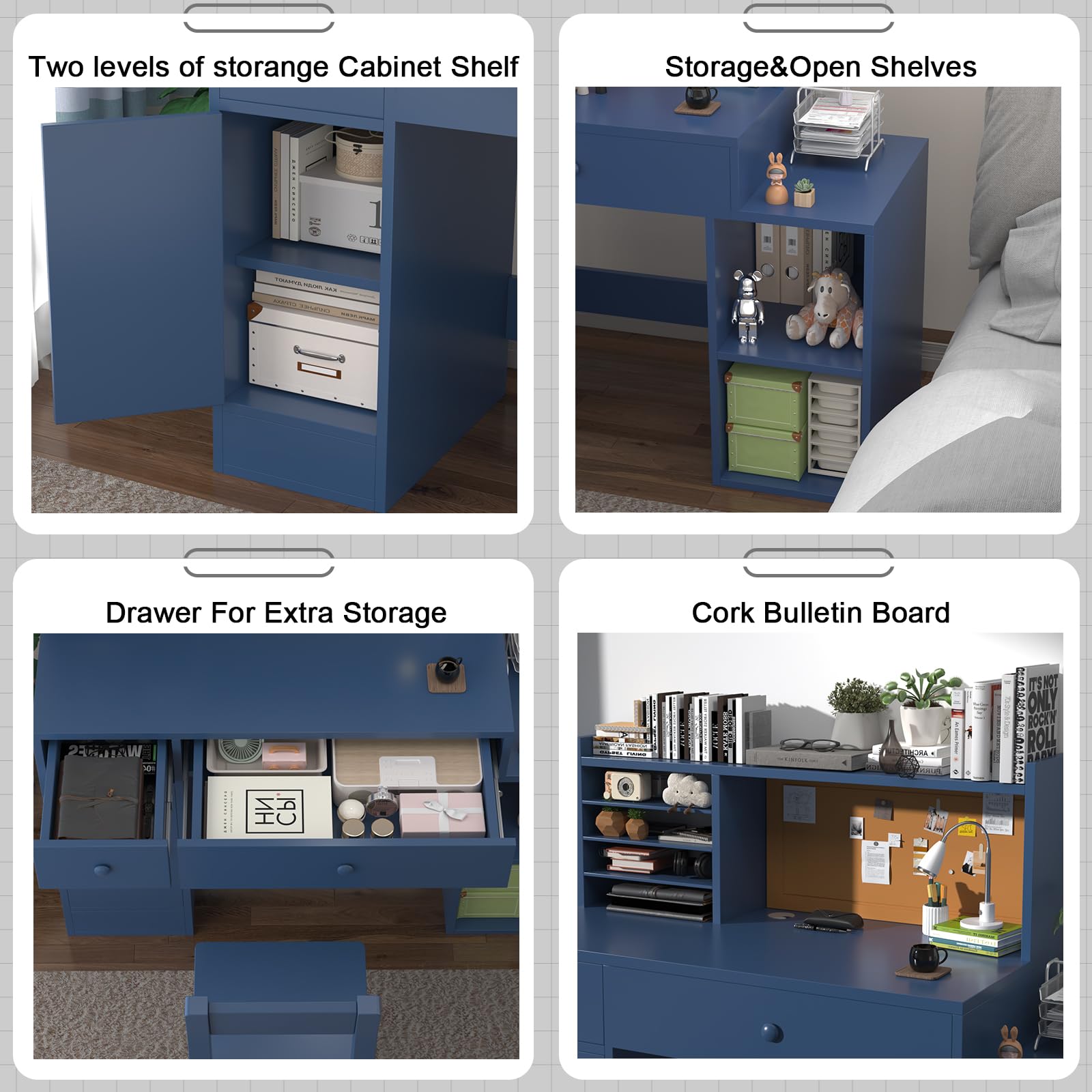 Blue Kids Study Desk and Chair Set for Ages 5-12 - Adjustable Children's Computer Desk with Bulletin Board, Storage Drawers & Cabinets - Perfect for Homework, Online Learning & Craft Activities (40 Inch)