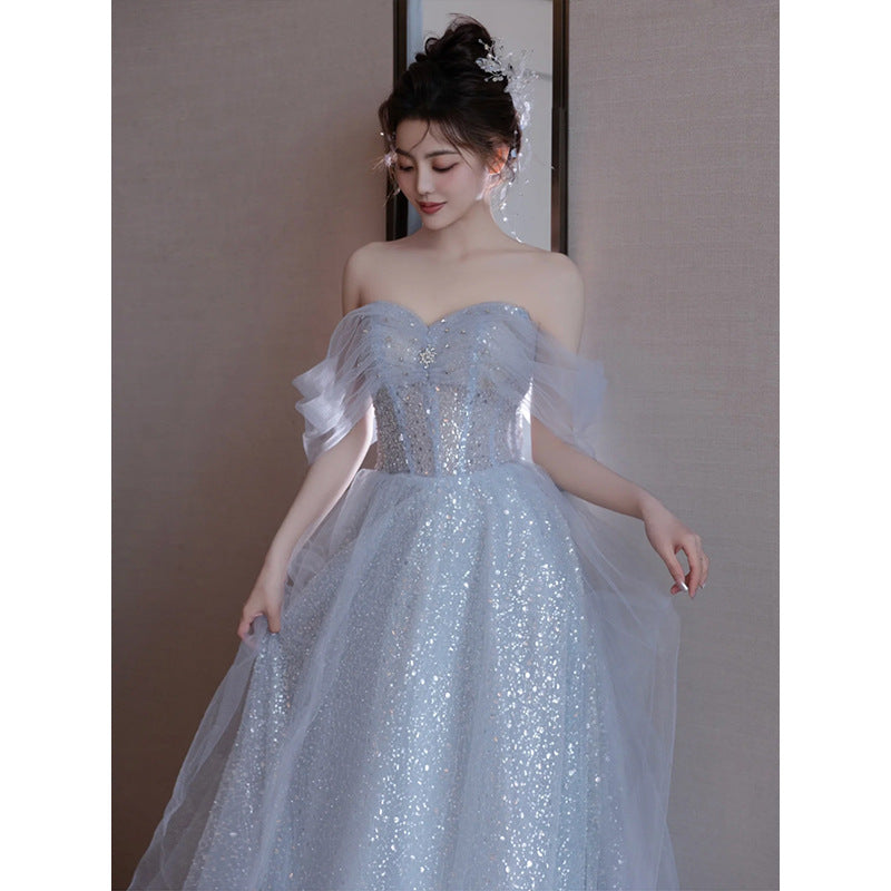 Sparkly Blue Princess Dress Off Shoulder Long Prom Gown for Women - Elegant Formal Evening Party Dress 174 - Perfect for Prom, Homecoming, Ball & Special Occasions