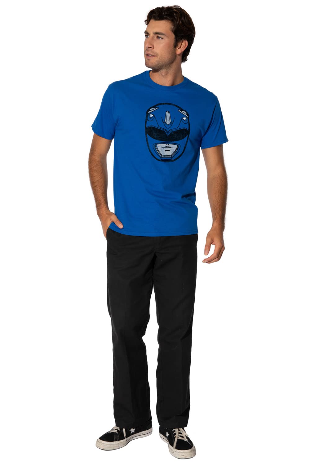 Official Power Rangers Blue Ranger Mask T-Shirt for Men - Short Sleeve Licensed Cotton Tee - Perfect for Cosplay, Comic Con & Superhero Fans