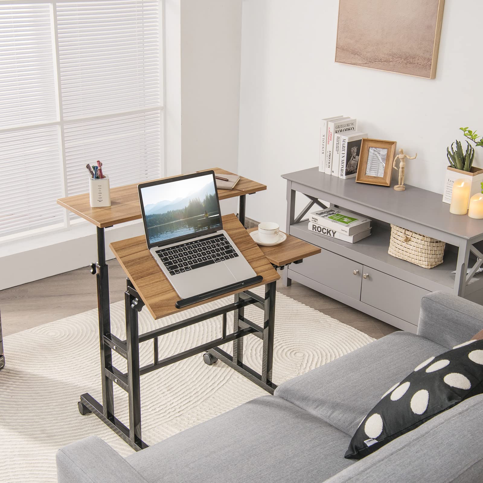 Tangkula Adjustable Height Mobile Standing Desk - Sit Stand Workstation with Tilting Tabletop & Wheels for Home Office, Rolling Laptop Cart (Walnut) | Perfect for Remote Work, Small Spaces & Ergonomic Workspaces