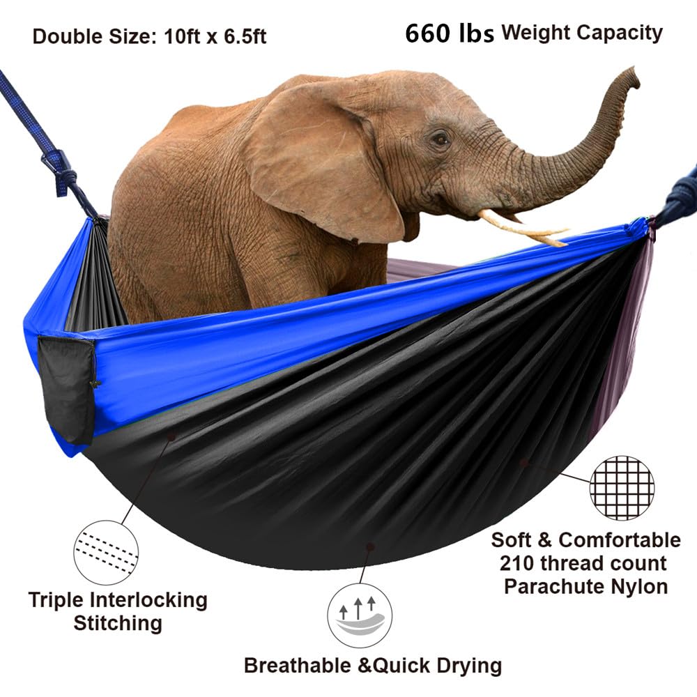 Double Camping Hammock with 2 Tree Straps (16+2 Loops) - 210T Nylon Parachute Portable Lightweight Hammock for 2 Persons - Perfect for Backpacking, Hiking, Beach, Travel, Backyard & Outdoor Adventures