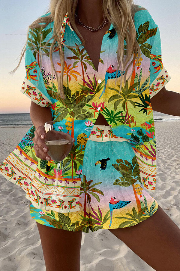 Tropical Rainforest Print Loose Buttoned Elastic Waist Shorts Set for Women - Comfortable Summer Outfit for Beach Vacation, Yoga, and Casual Wear