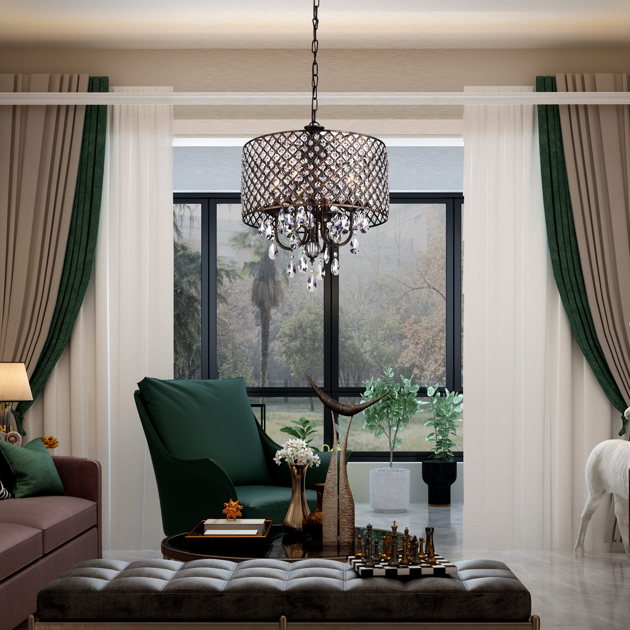 Edvivi Marya 4-Light Crystal Drum Chandelier - Antique Copper Finish Adjustable Ceiling Light with Round Crystal Shade for Living Room, Bedroom, Kitchen | Elegant Lighting Fixture for Dining Room, Entryway & Home Decor