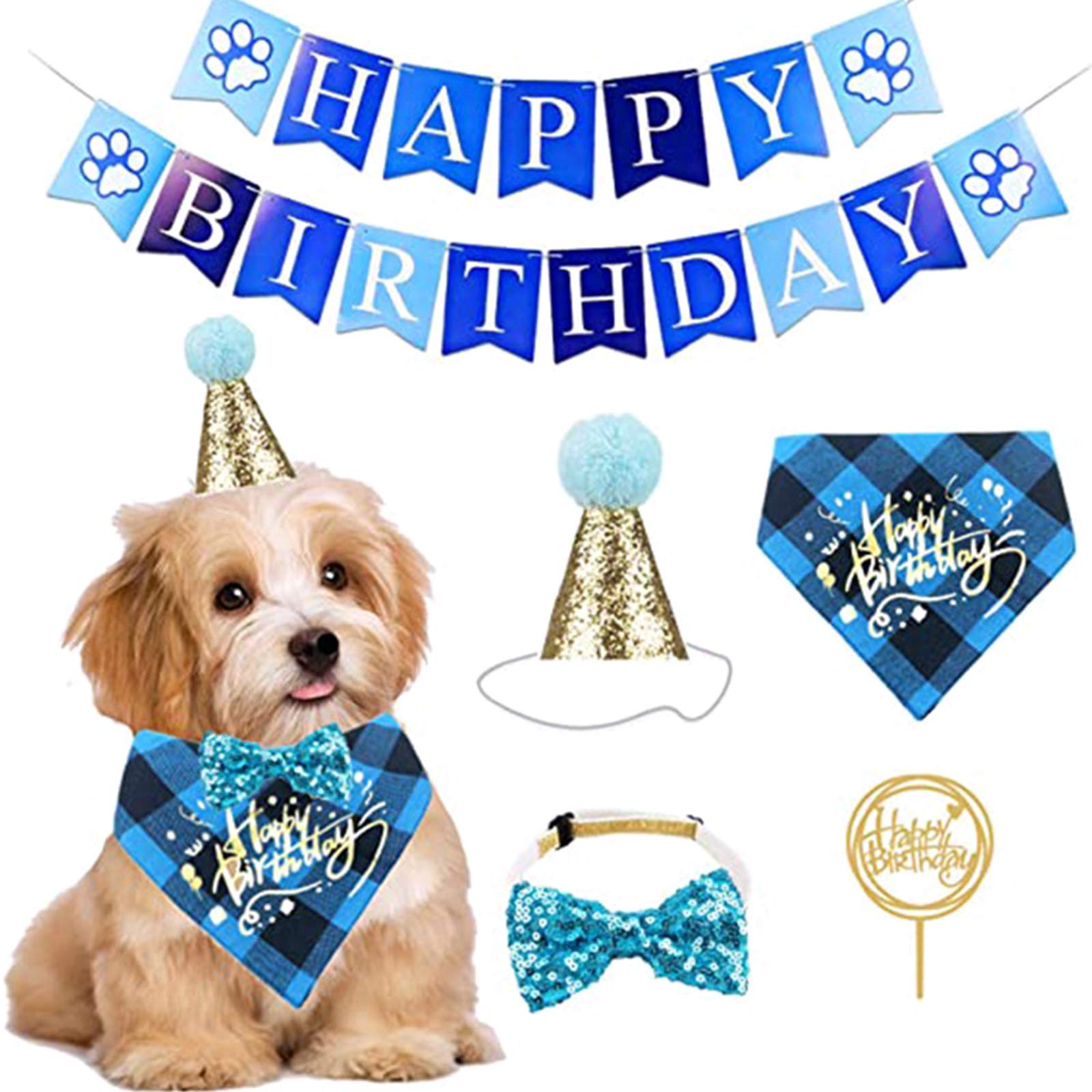 SOONHUA Dog Birthday Party Supplies Set - Pet Bandana, Bow Tie, Happy Birthday Banner & Cake Topper for Puppy Celebration | Perfect for Dog Birthday Parties, Adoption Anniversaries & Pet Events