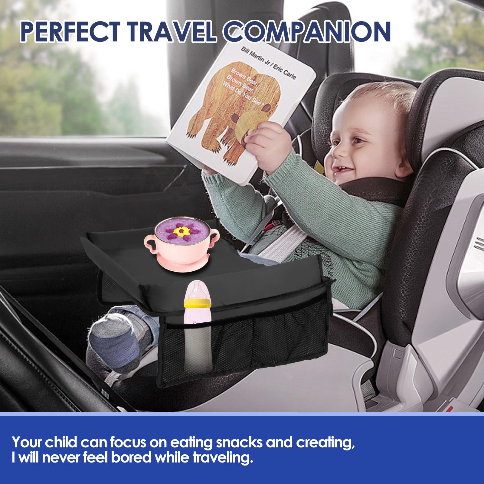 Portable Kids Travel Tray for Car Seat & Airplane - Adjustable Shoulder Strap with Storage Pocket - 15.7×12.6 Inch Toddler Lap Tray (Black) - Perfect for Road Trips, Flights & Meals On-The-Go