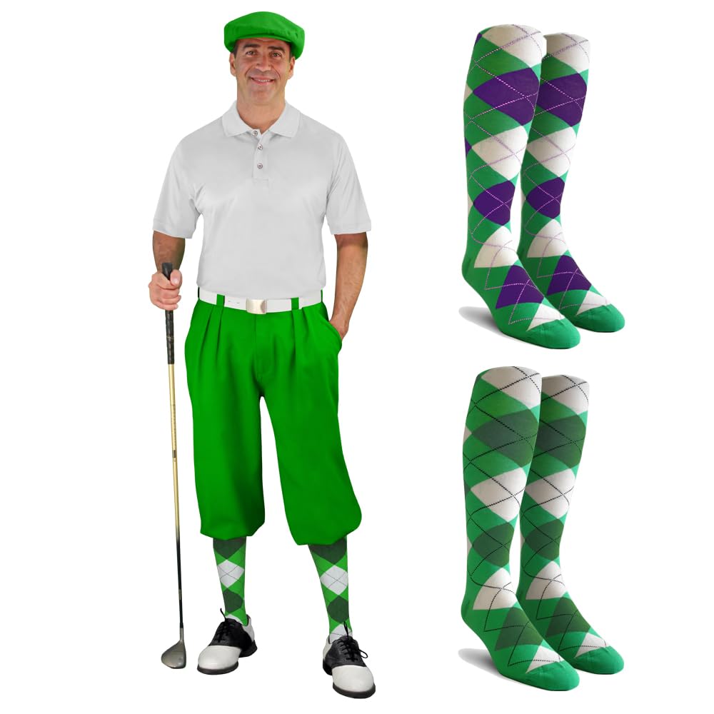 Men's Stylish Lime Green Golf Outfit Set - Matching Knickers, Cap & 2 Over-The-Calf Socks - Perfect for Golf Tournaments & Casual Wear