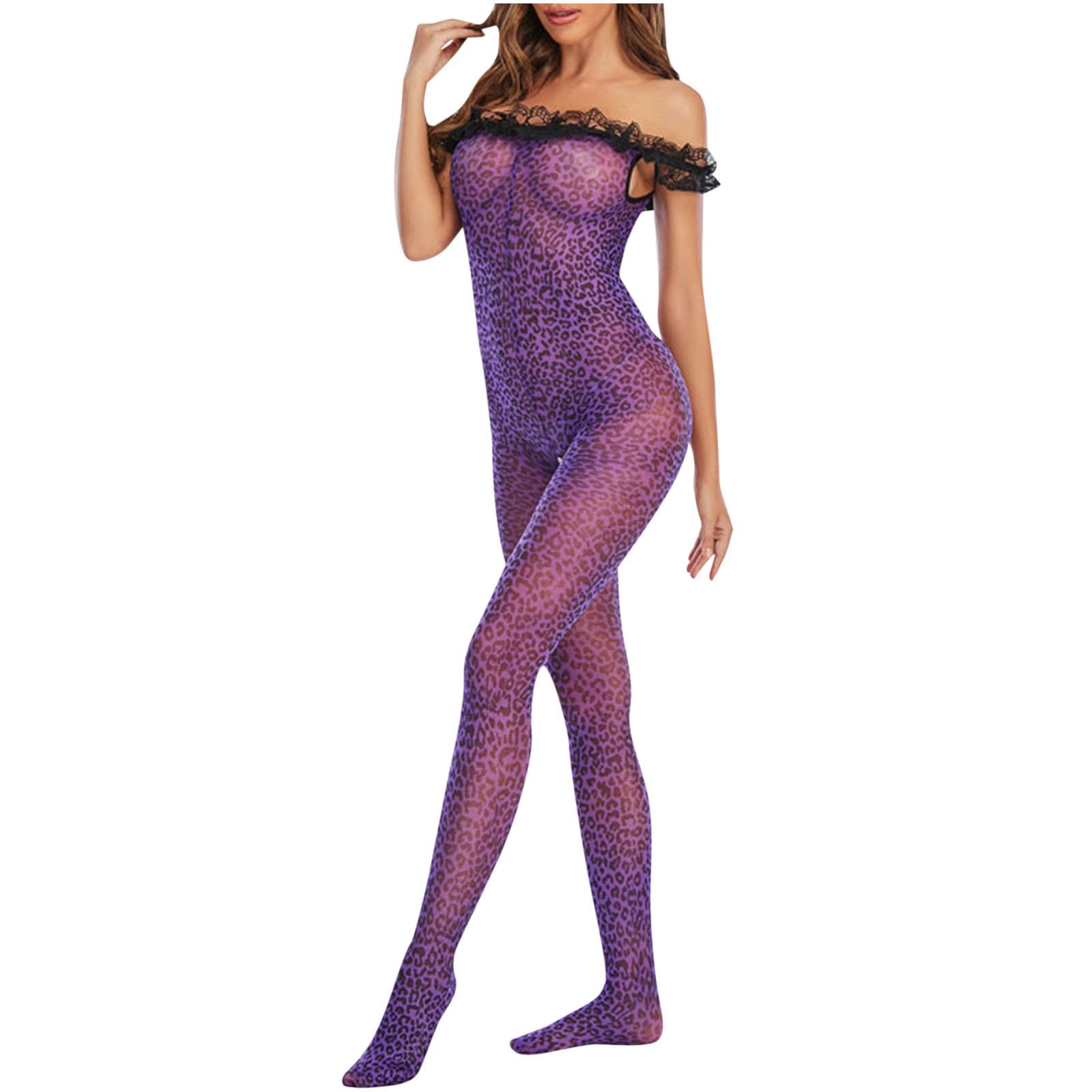 Sexy Purple Leopard Print Bodysuit with Stockings - Women's Lingerie Set for Date Night & Boudoir Photography | Open Bust Design for Sensual Appeal