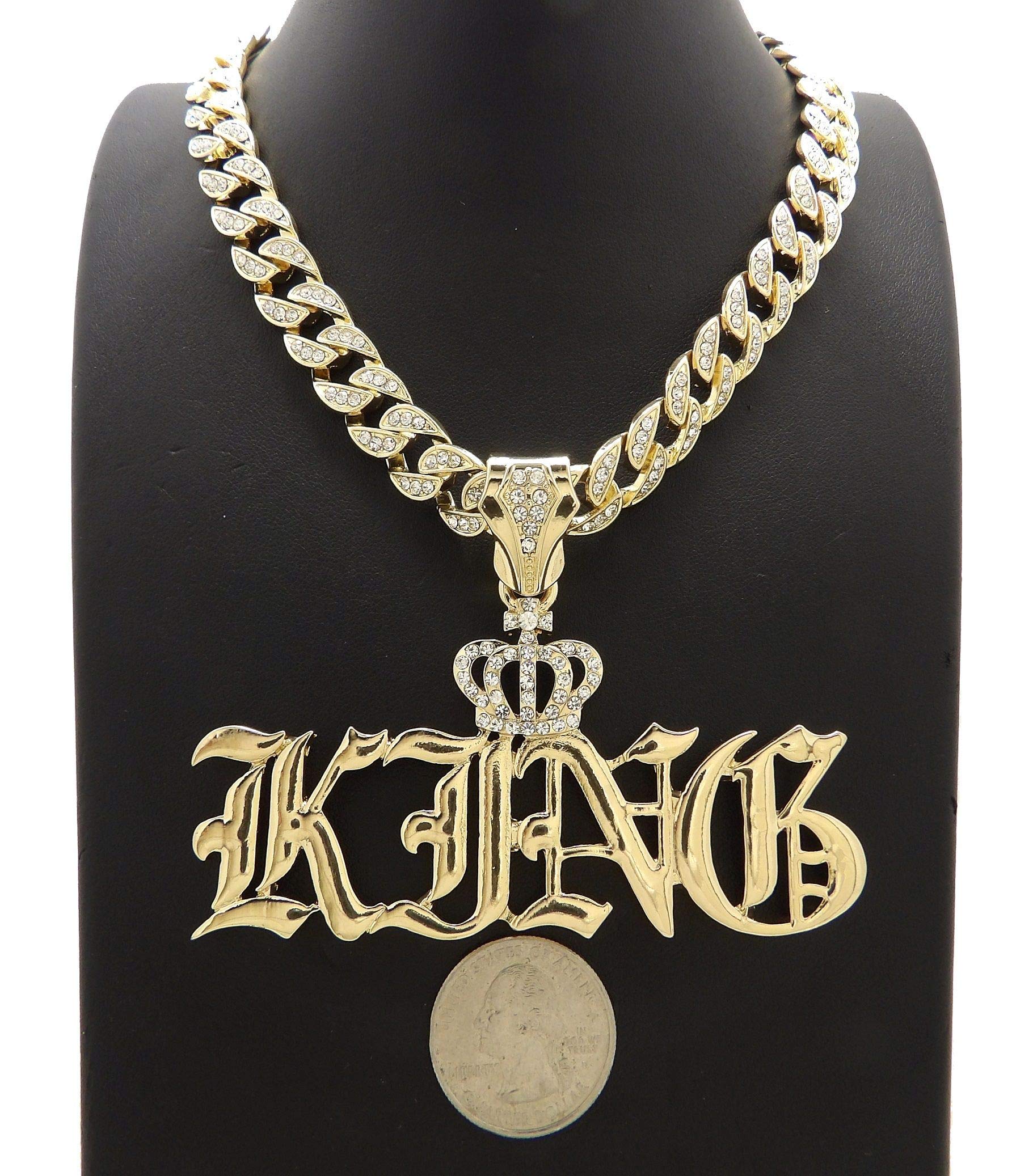 NYFASHION101 10mm Iced Out Miami Cuban Chain Necklace with Stone Stud Crown King Pendant - Hip Hop Jewelry for Men, Bling Accessory for Rappers & Streetwear Fashion