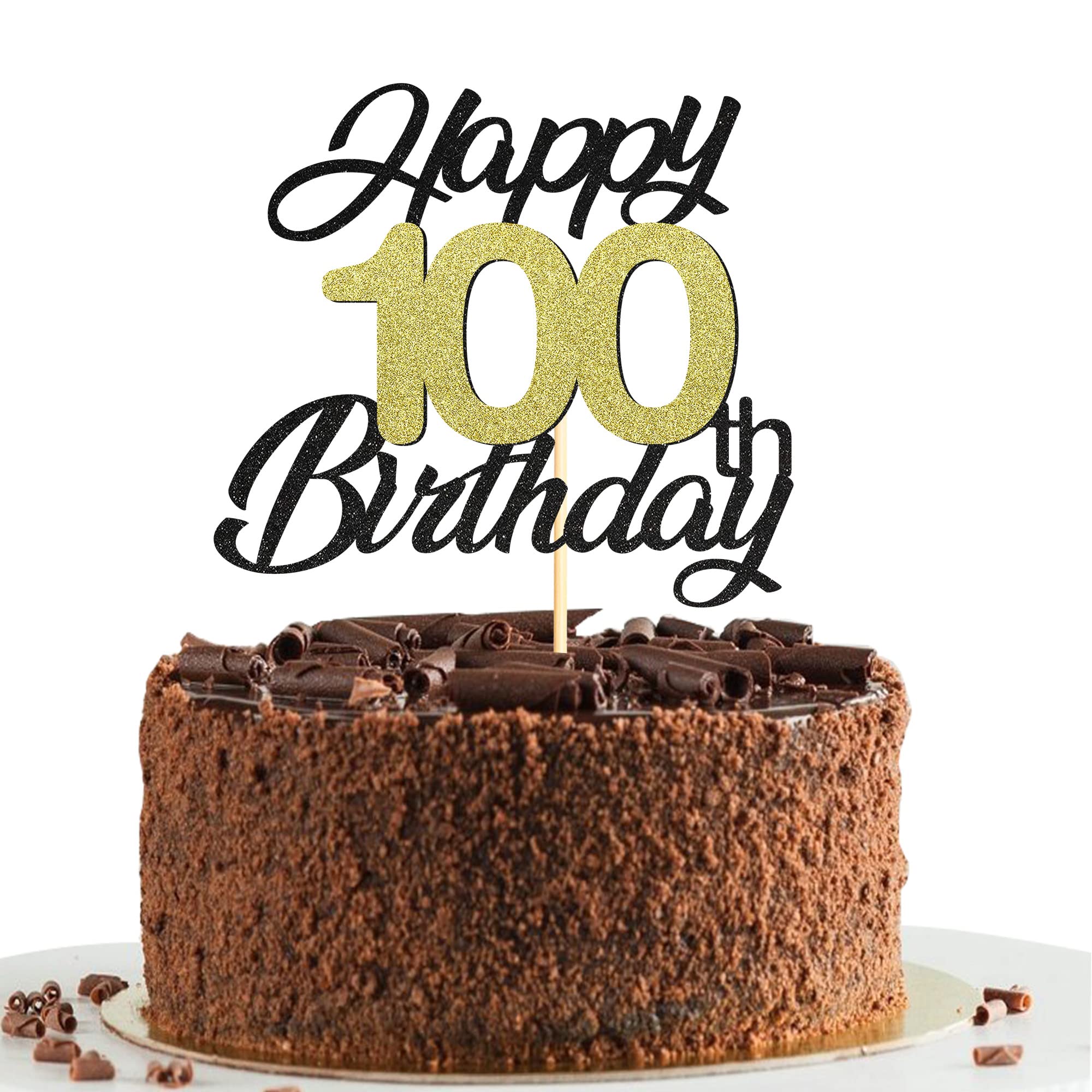 Happy 100th Birthday Cake Toppers - Black & Gold Glitter 100th Birthday Decorations for Cakes | Perfect for Milestone Celebrations, Retirement Parties & Anniversary Events