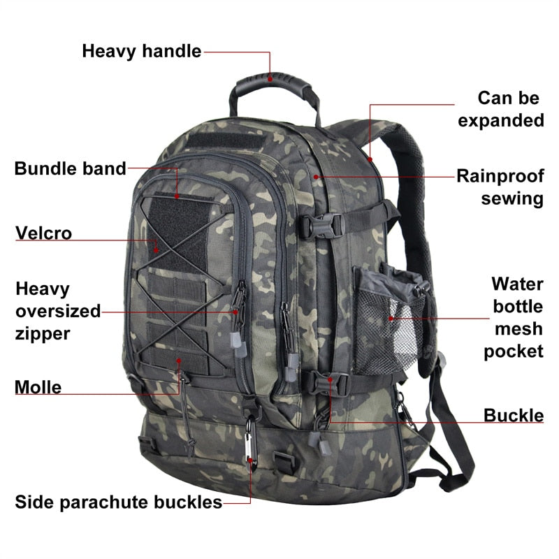 60L Military Tactical Backpack - Waterproof Outdoor Rucksack for Hiking, Camping & Travel | Durable Army Style Hiking Pack