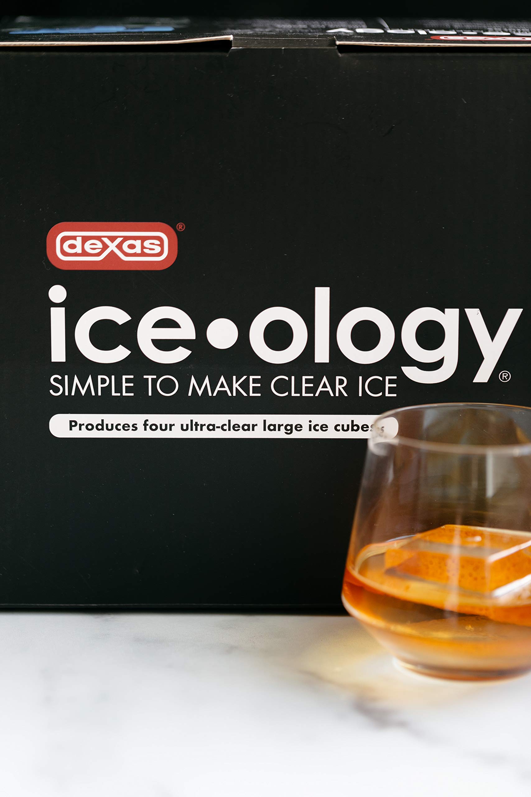 Dexas ice•ology Silicone Clear Ice Maker Tray - 4 Square Cube Mold for Crystal Clear Cocktail Ice | Perfect for Whiskey, Bourbon & Craft Cocktails at Home Bars