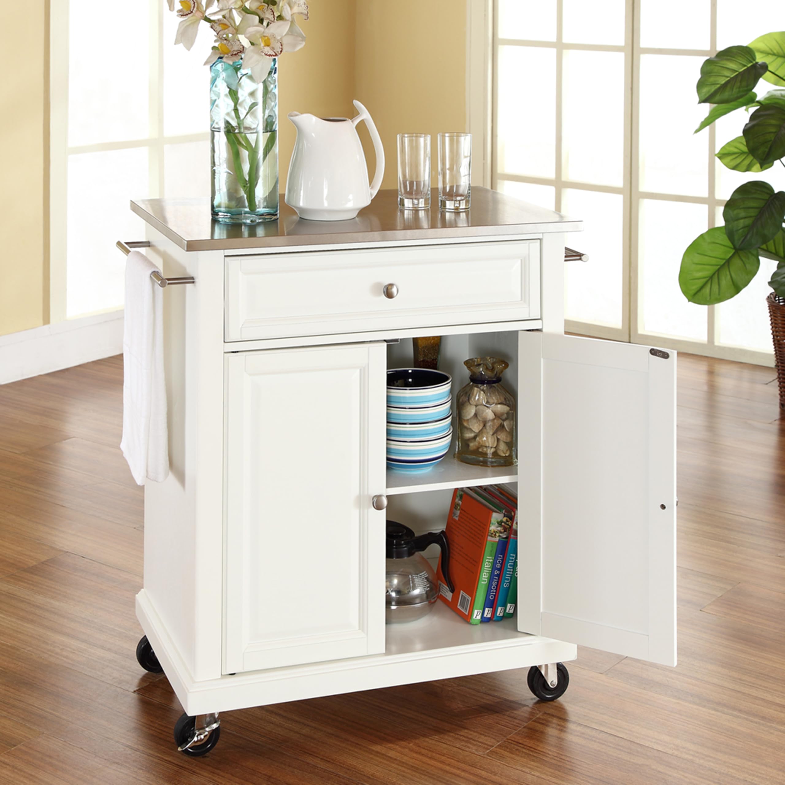 Compact Stainless Steel Rolling Cart with Shelves - White Microwave Stand & Towel Rack | Perfect for Kitchen, Bathroom, Dorm & Office Organization | Crosley Furniture