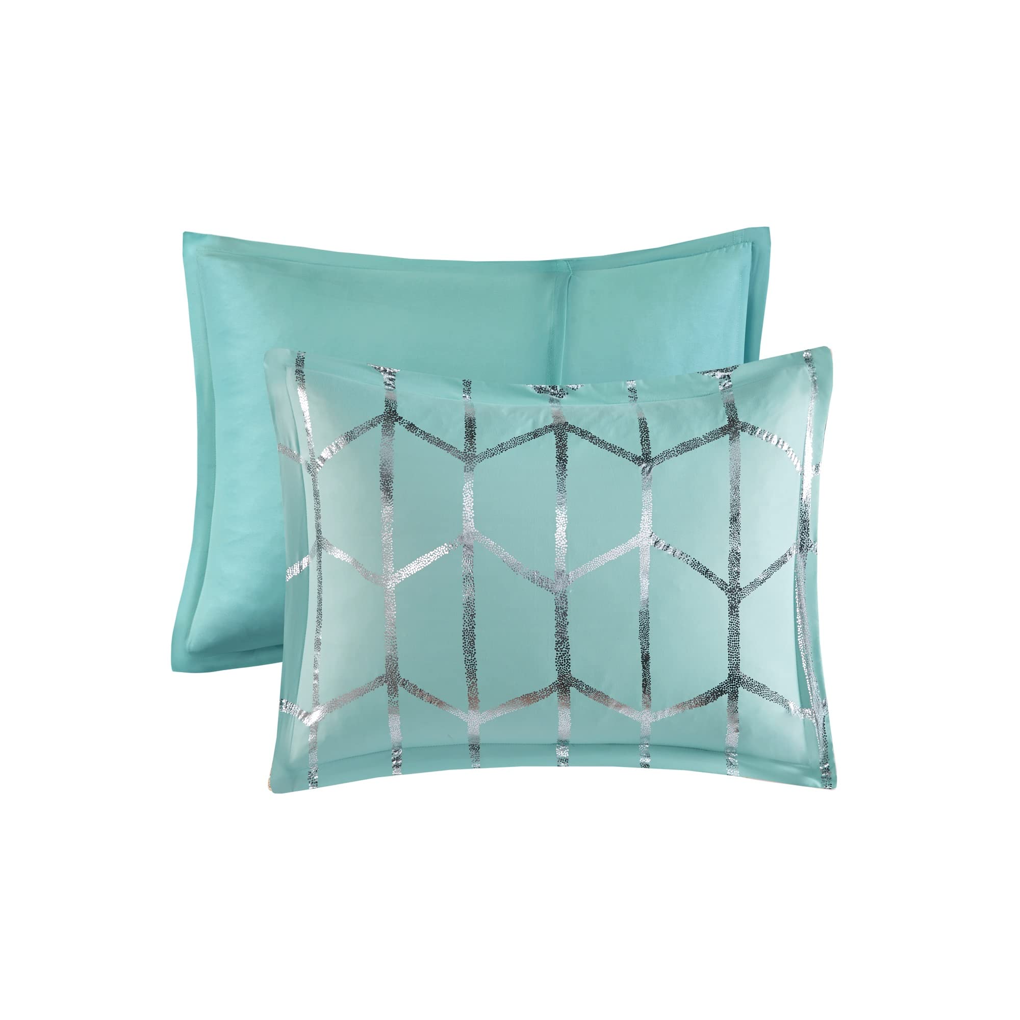 Premium Microfiber King/Cal King Comforter Set - Modern Geometric Metallic Design with 2 Shams & 2 Decorative Pillows - Ultra Soft College Bedding in Aqua Blue - Perfect for Dorm Rooms, Guest Bedrooms & Master Suites