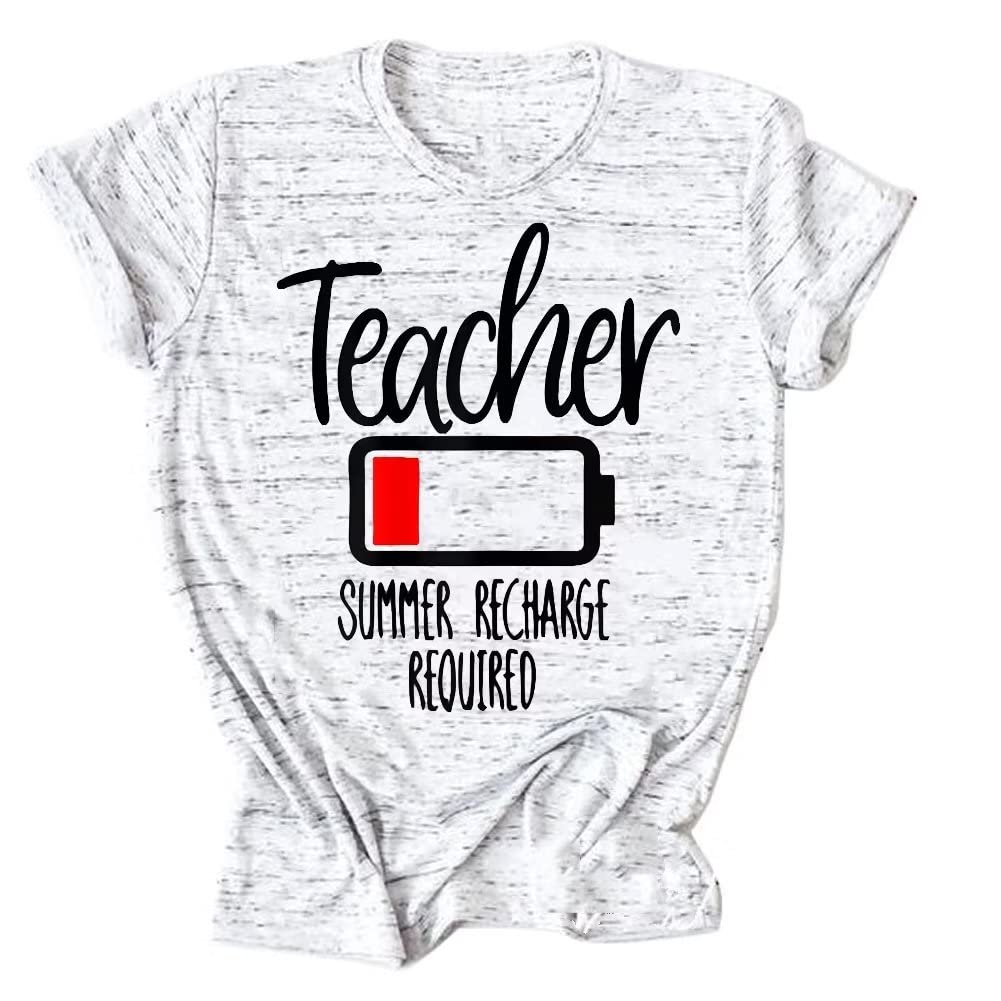 Funny Teacher Gift T-Shirt - 'Summer Recharge Required' Battery Design Graphic Tee for Women - Perfect for Teacher Appreciation Week, End of Year Gifts & Casual Wear