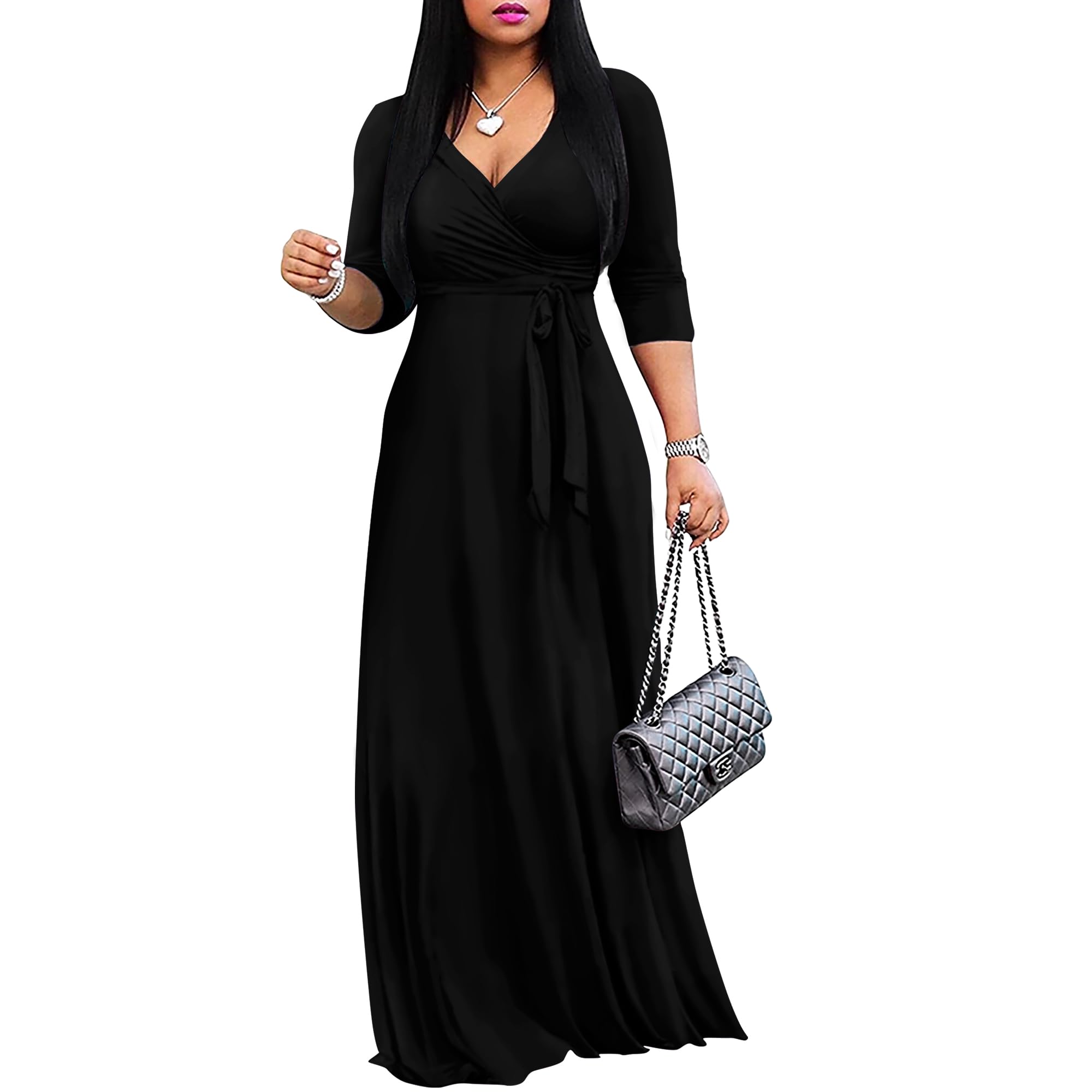 FANDEE Women's 2025 Maxi Dress - Solid Color Bohemian Summer Long Dress with V-Neck & 3/4 Sleeves | Beach Wedding, Vacation & Casual Outfit