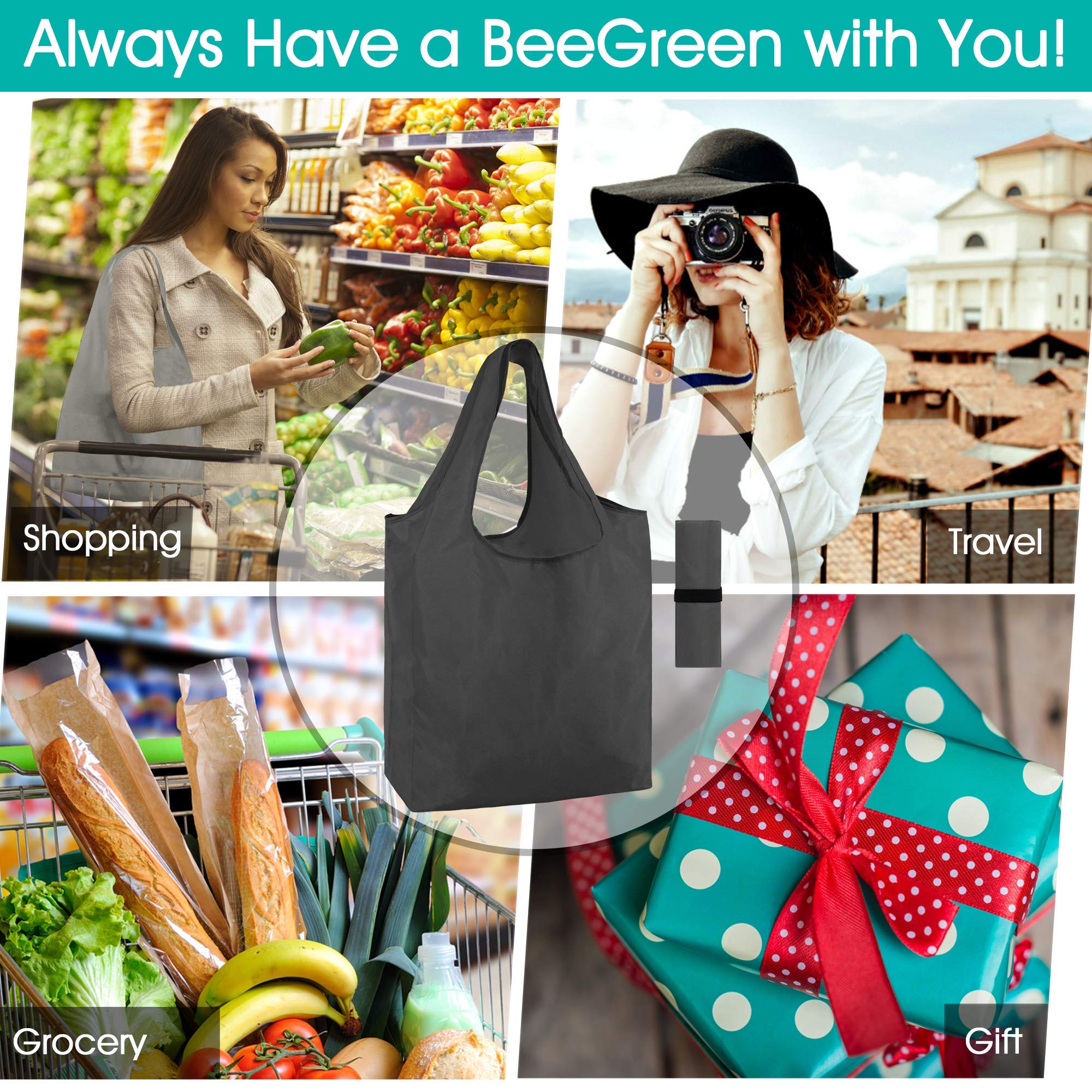 BeeGreen 20 Pack Heavy Duty Reusable Grocery Bags - Large Foldable Tote Bags with Storage Pouch & Elastic Band, Machine Washable, Holds 50LBS - Eco-Friendly Shopping Bags for Groceries, Farmers Market, Picnics & Beach Trips