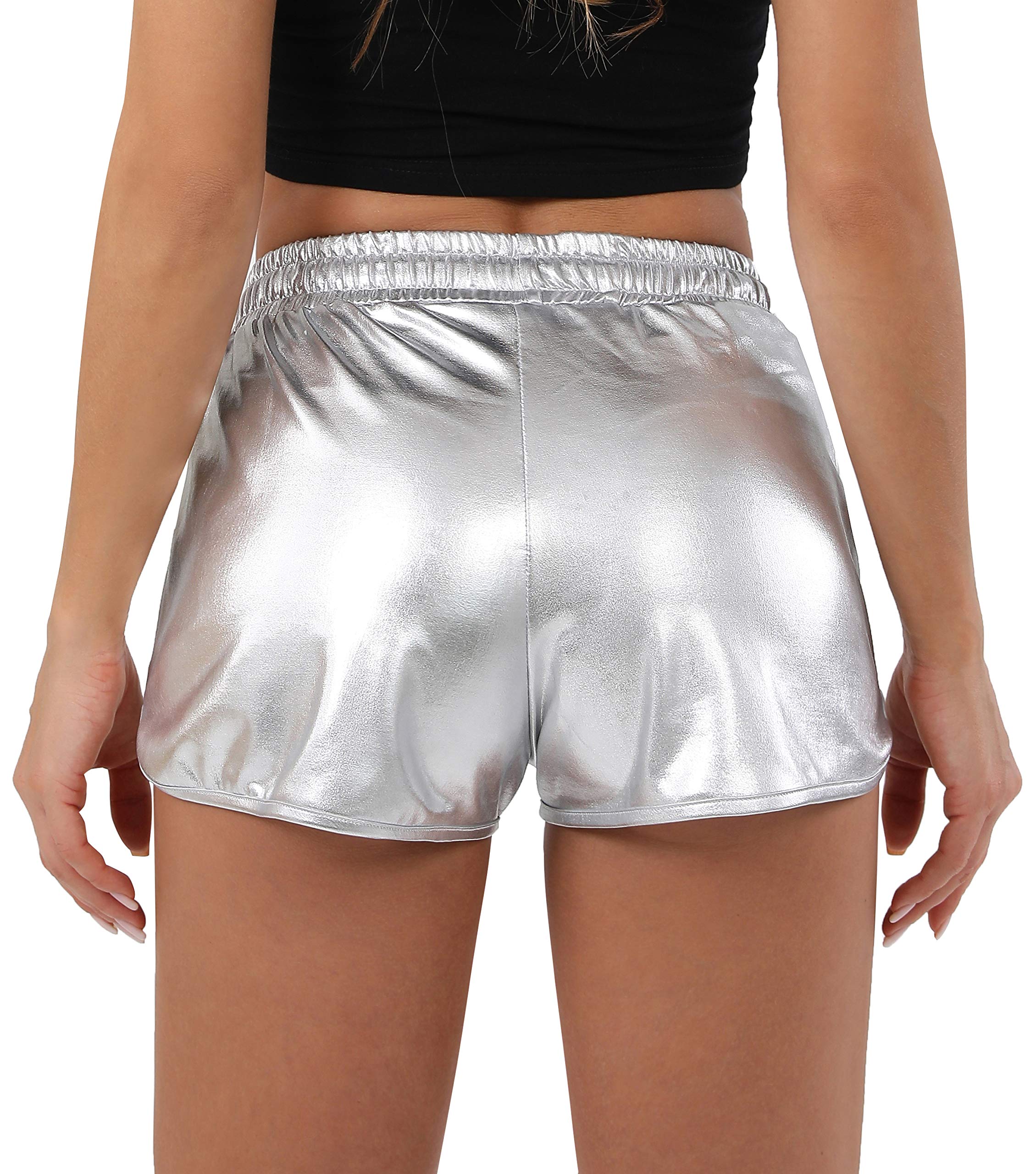 POSHDIVAH Women's High Waist Metallic Sparkly Shorts - Shiny Glitter Party Shorts with Elastic Drawstring for Nightclub, Festival & Summer Outfits