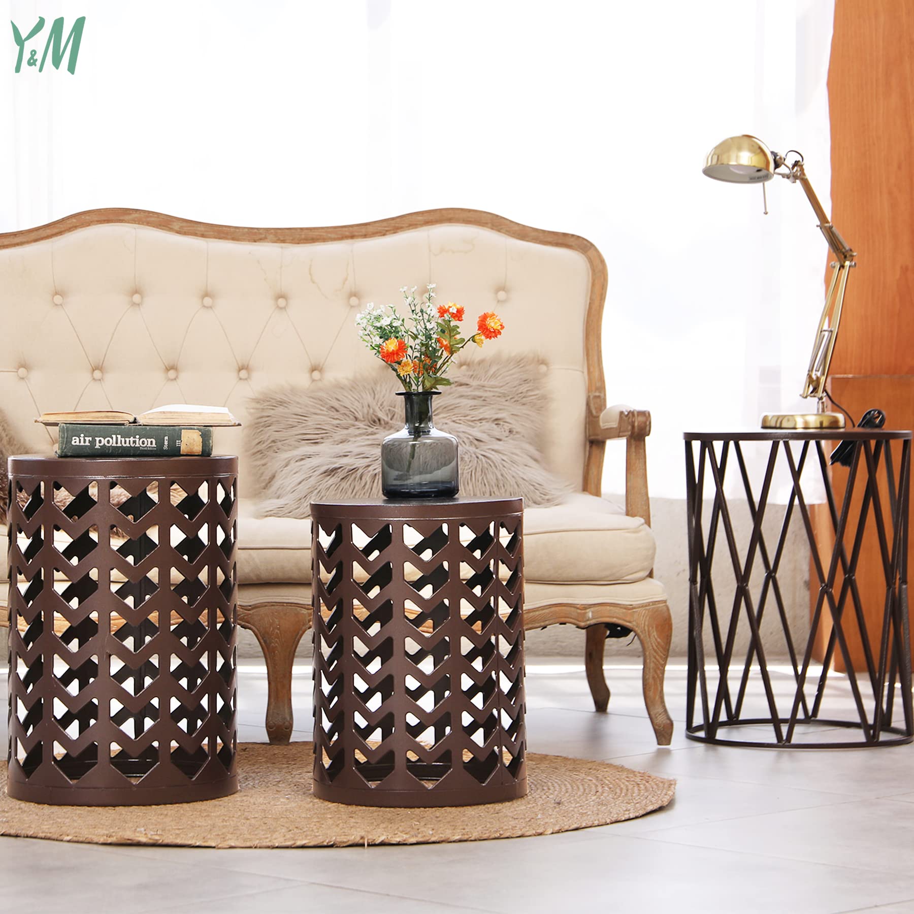 Y&M Set of 3 Round Heavy-Duty Side Tables - End Tables, Coffee Tables for Indoor & Outdoor Use - Decorative Garden Stool, Plant Stand - Pure Brown (US Shipping) - Perfect for Living Room, Patio, and Balcony Decor