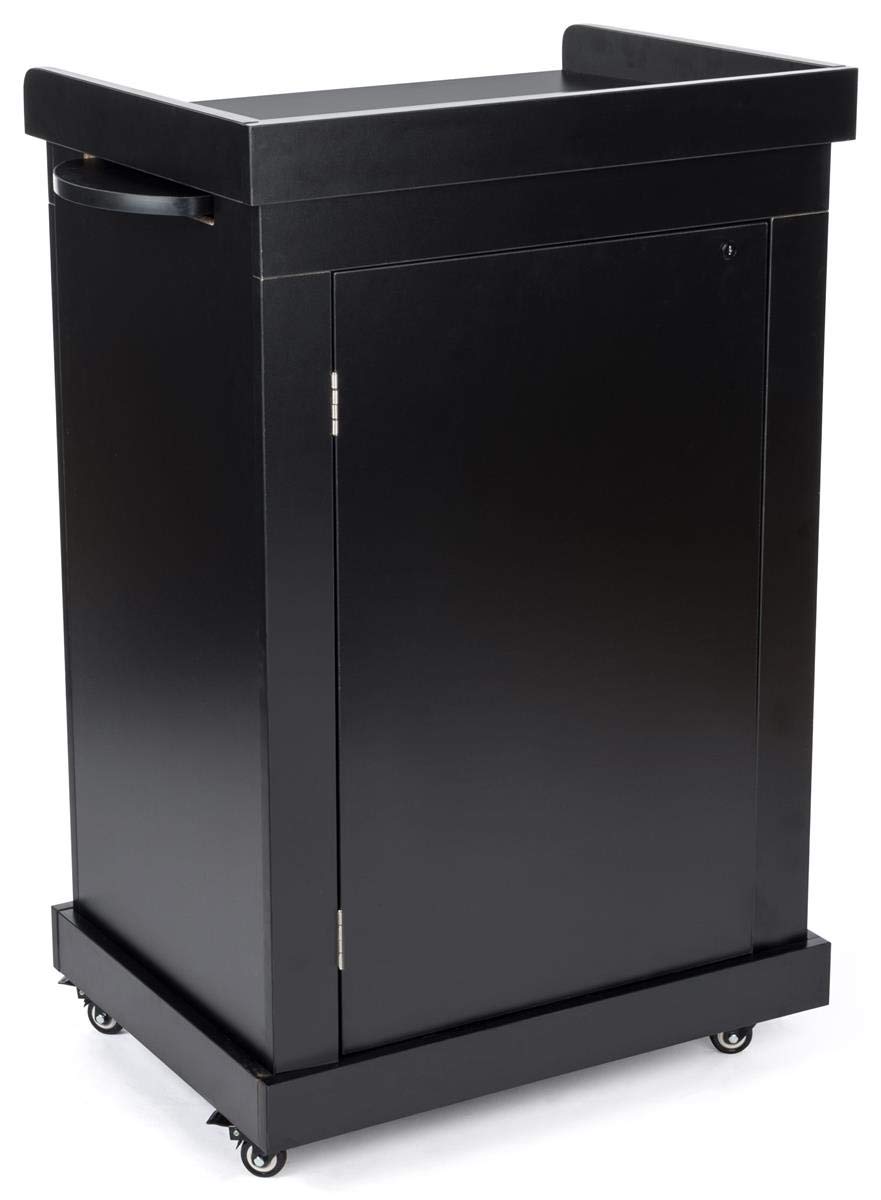Displays2go Adjustable Rolling Podium with Shelf - Black Mobile Lectern for Presentations, Teaching & Public Speaking (OLILCTMMSBK) | Perfect for Classrooms, Conferences & Events
