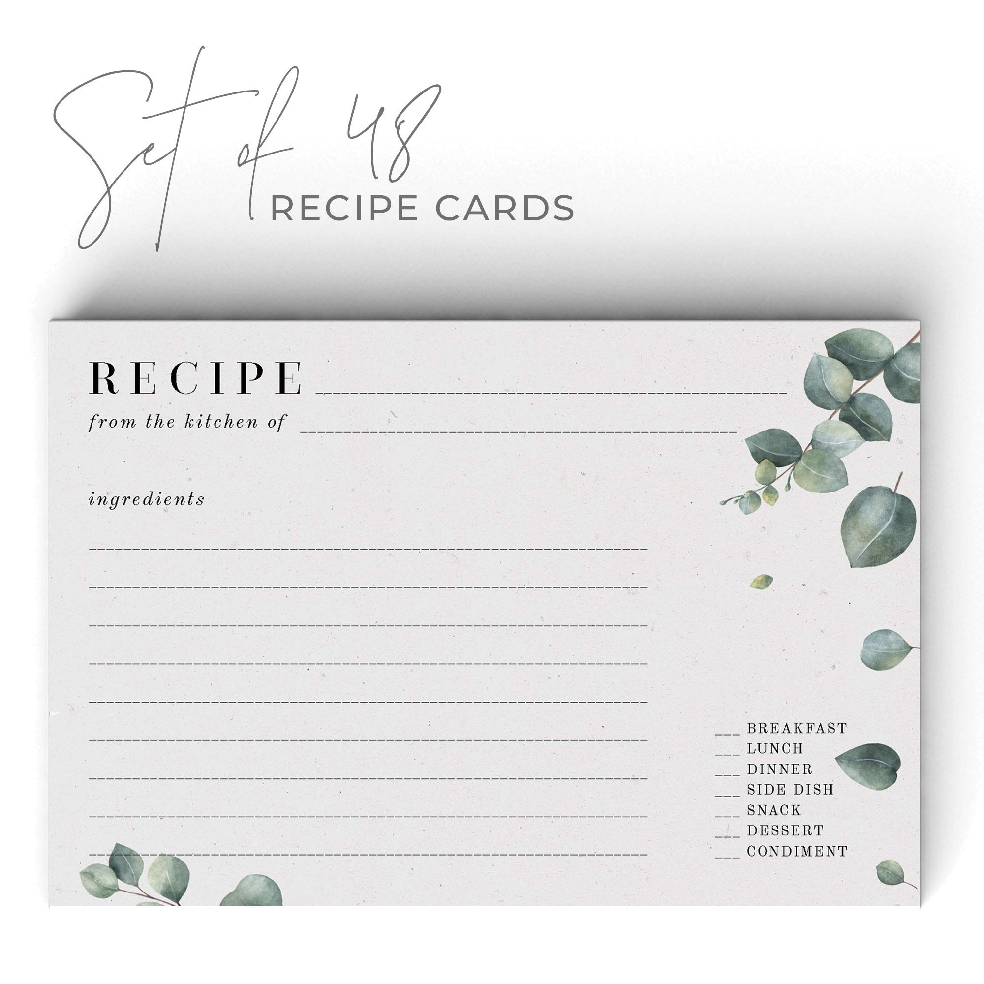 Dashleigh Eucalyptus Recipe Cards Set - 48 Double-Sided Water-Resistant 4x6 Inch Cards in Vintage Sage Green & Grey | Perfect for Kitchen Organization, Meal Planning & Gift Giving