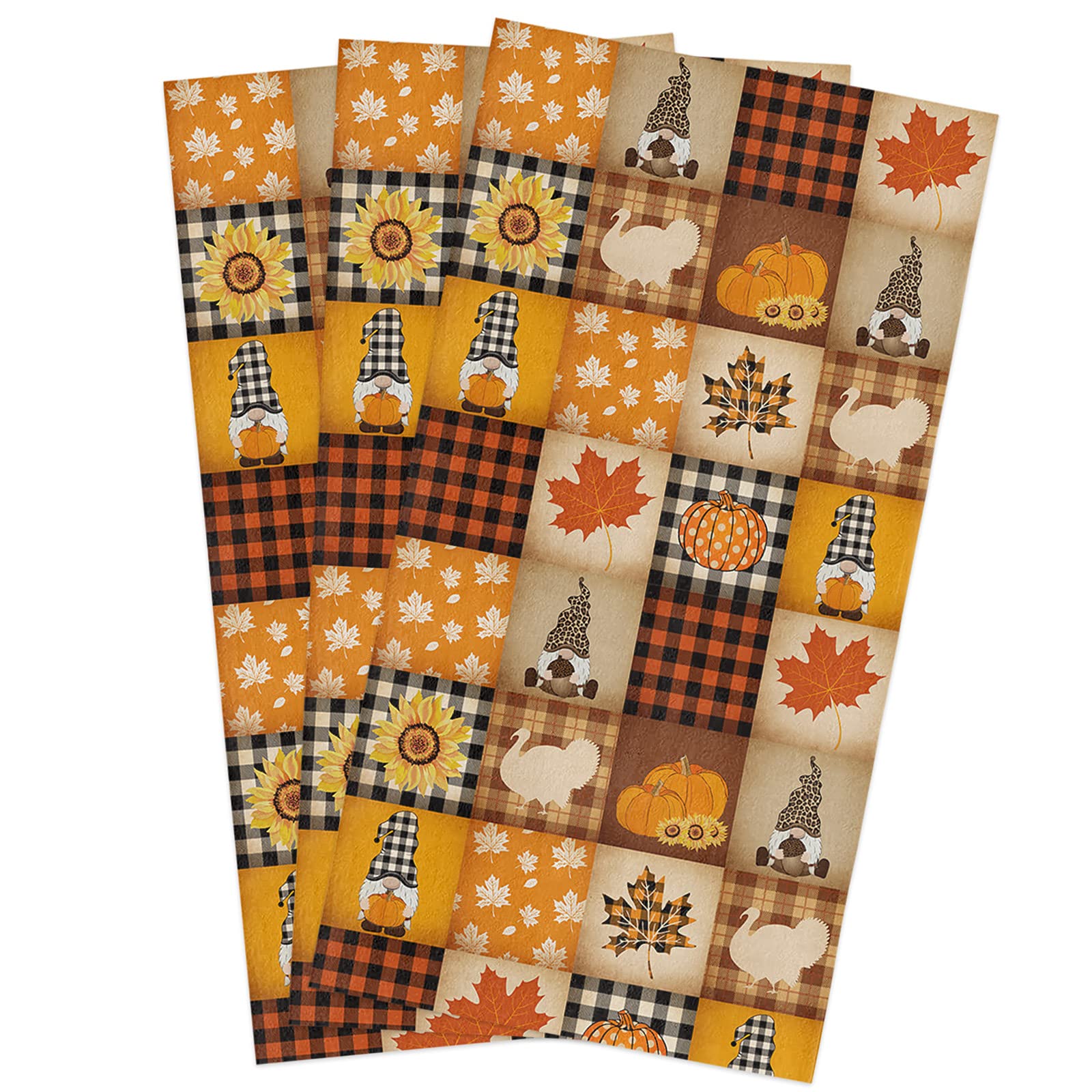 **Premium Microfiber Kitchen Towels Set of 3 - Absorbent & Reusable Dish Towels, Tea Towels, Bar Towels (18x28 Inch) - Thanksgiving Pumpkin Turkey Maple Leaves Gnome Retro Plaid Design - Perfect for Holiday Decor, Dish Drying & Cleaning**