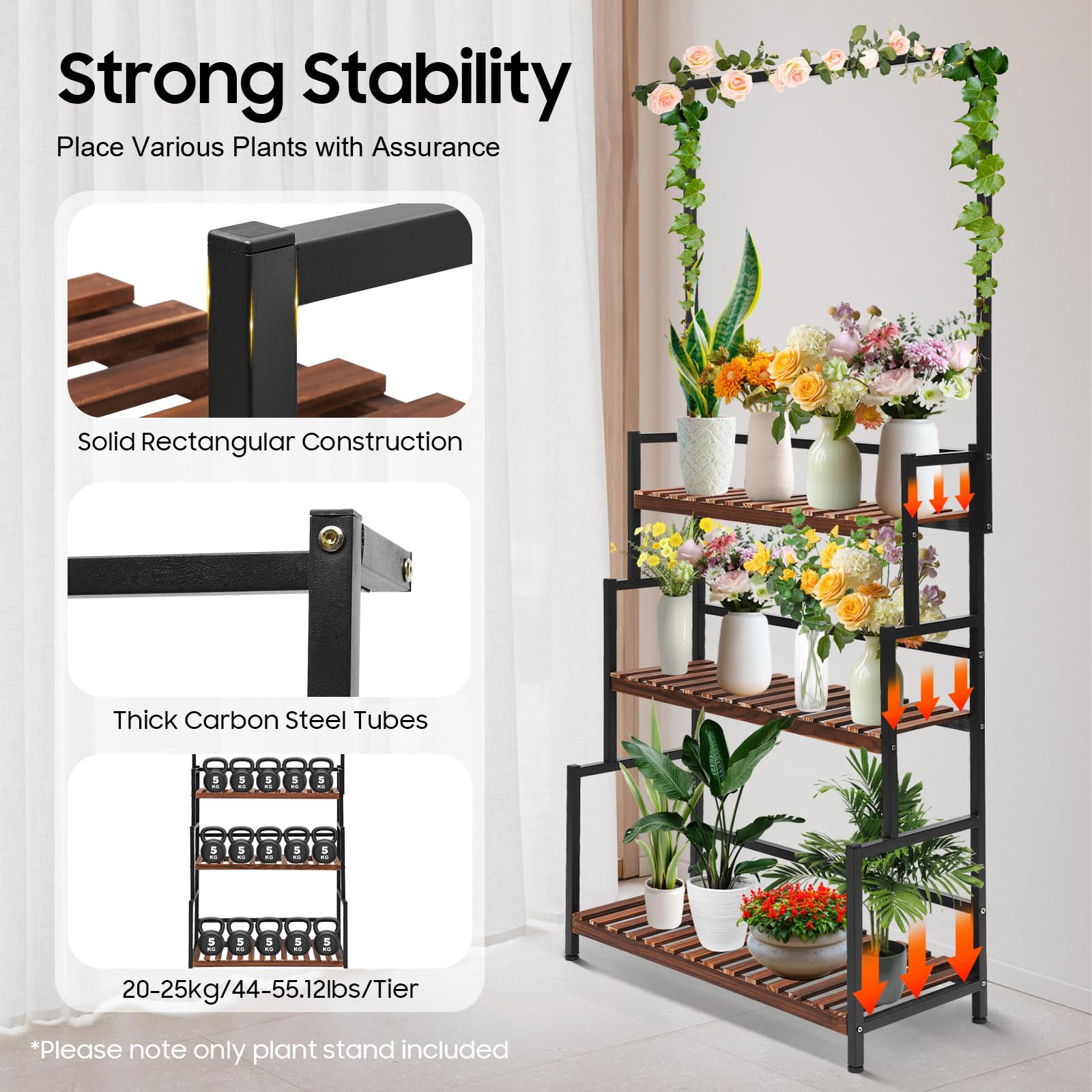 OUKANING 3-Tier Black Metal Hanging Plant Stand - Flower Pot Display Shelf for Indoor & Outdoor Use - 31.4 x 13.4 x 68.1 Inch Storage Rack - Perfect for Living Room, Garden, Patio, Balcony, Lawn Decor