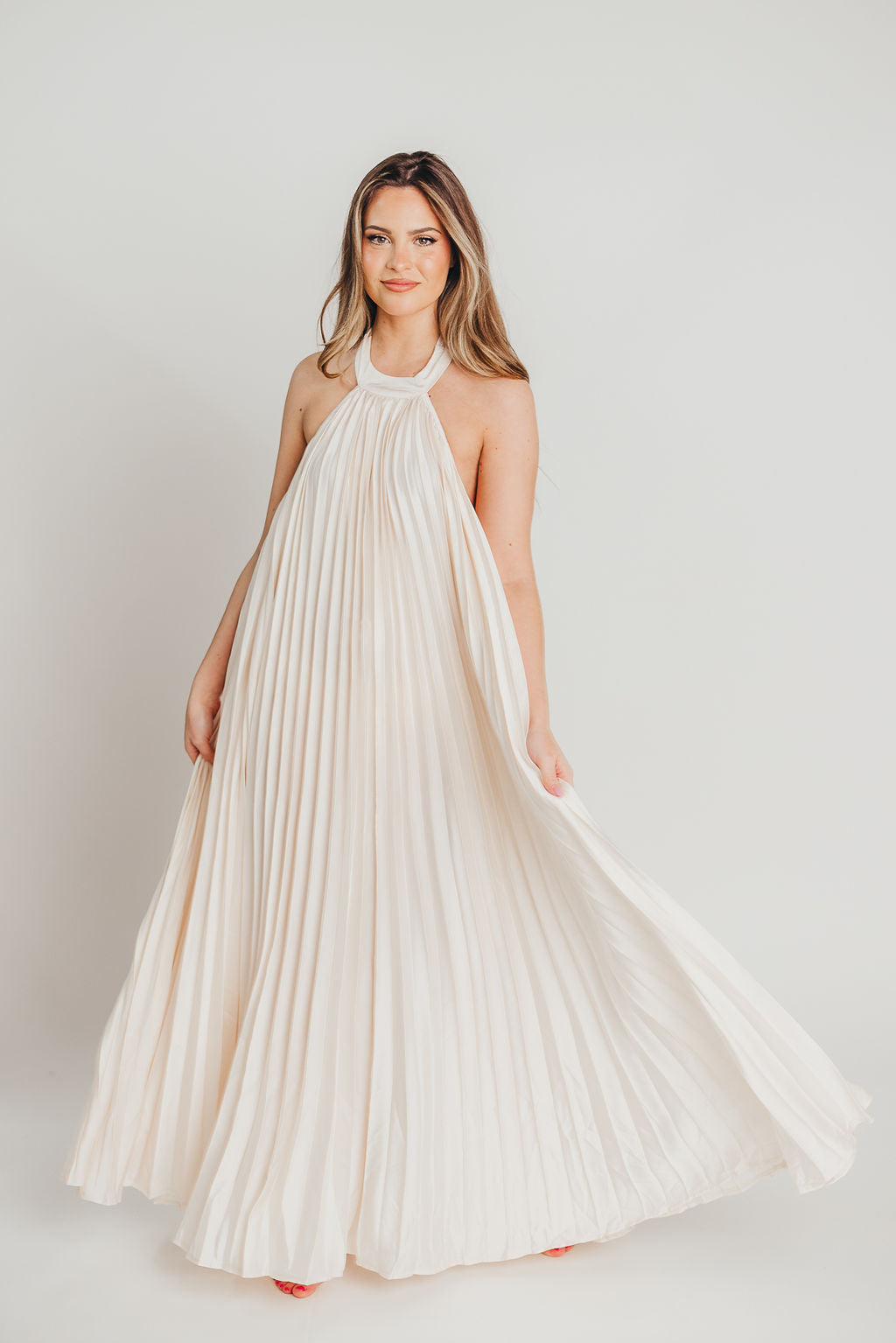 Maren Pleated Halter Maxi Dress in Cream | Bump Friendly Maternity Dress | Perfect for Baby Showers, Beach Vacations & Summer Weddings