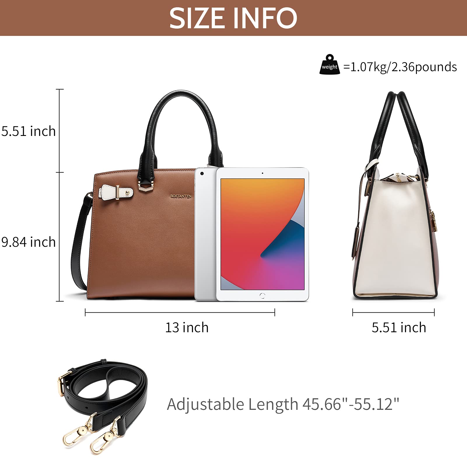 BOSTANTEN Women's Genuine Leather Handbag - Stylish Designer Satchel Purse with Top Handle, Shoulder Strap & Crossbody Option for Work, Travel & Everyday Use