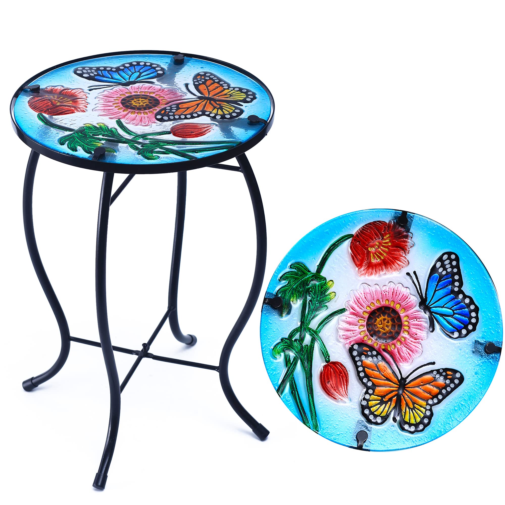 Butterfly Patio Side Table - Small Outdoor End Table with Metal Frame & Glass Top for Porch, Garden, Yard, Poolside - Perfect for Drinks, Plants & Decor