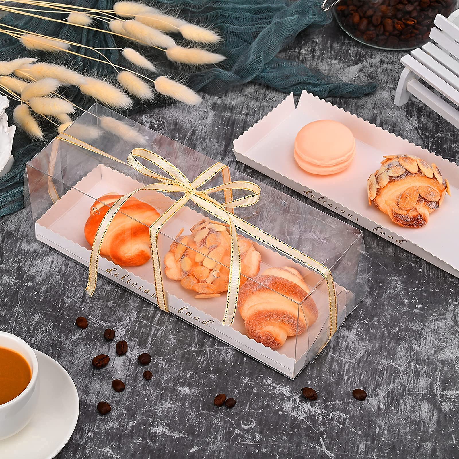 10 Pack Clear Pastry Boxes with Handle - 9x3x3 Inch Bakery Gift Boxes for Cupcakes, Cookies, Candy & Desserts - Gold Rim Ribbon Decoration - Perfect for Birthday Parties, Wedding Favors & Special Events
