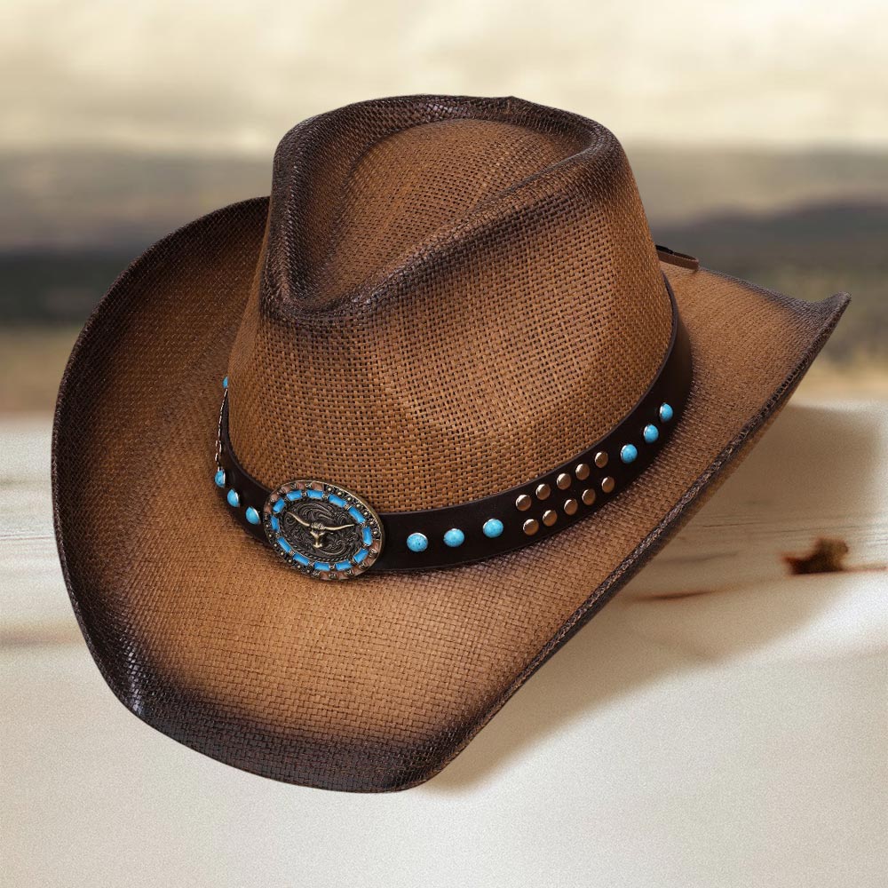 Turquoise Stone Embellished Western Cowboy Hat - Metal Steer Head Studded Faux Leather Band Straw Fedora for Men & Women | Perfect for Country Music Festivals, Rodeos, and Western Themed Parties