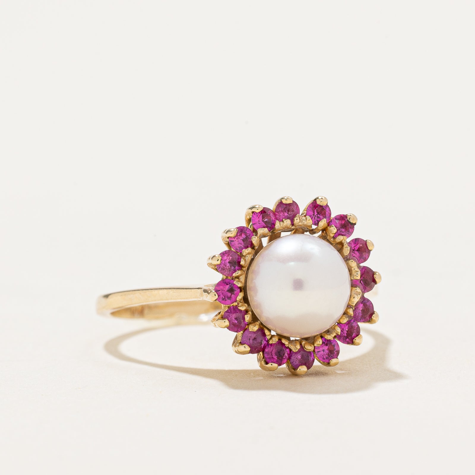 Elegant Pearl & Synthetic Ruby Halo Ring - 0.48 Carat Total Weight - Size 7.5 - Perfect for Weddings, Anniversaries & Special Occasions