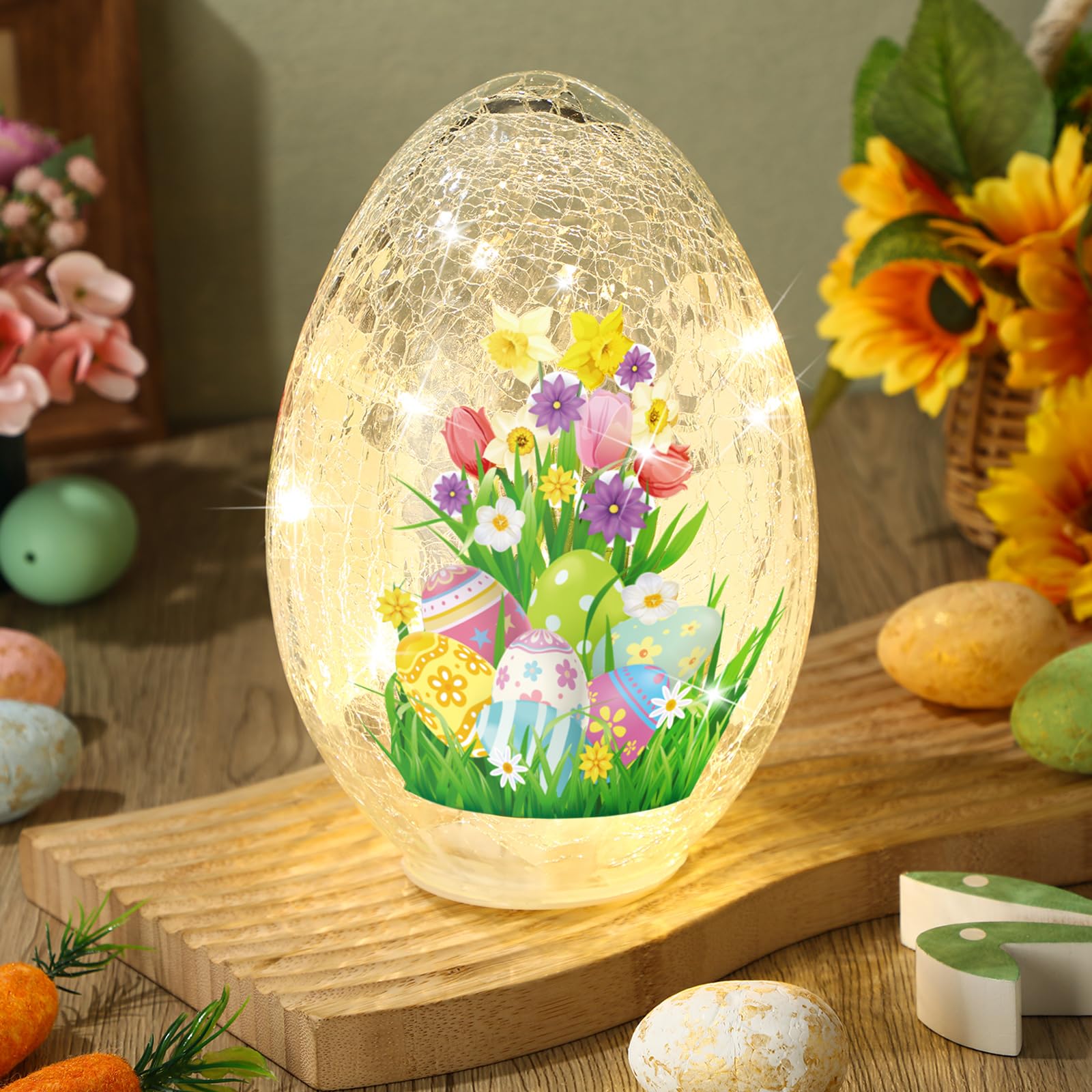 5.75 x 5.25 x 8.25 Inch Crackle Glass Easter Egg Light - Battery Operated Glowing Orb Decor for Home, Party, and Holiday Decorations - Perfect for Easter, Christmas, and Festive Tabletop Display